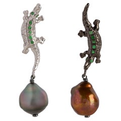 Rossella Ugolini Alligator Pendant Wild Silver Sterling Tsavorite Earrings