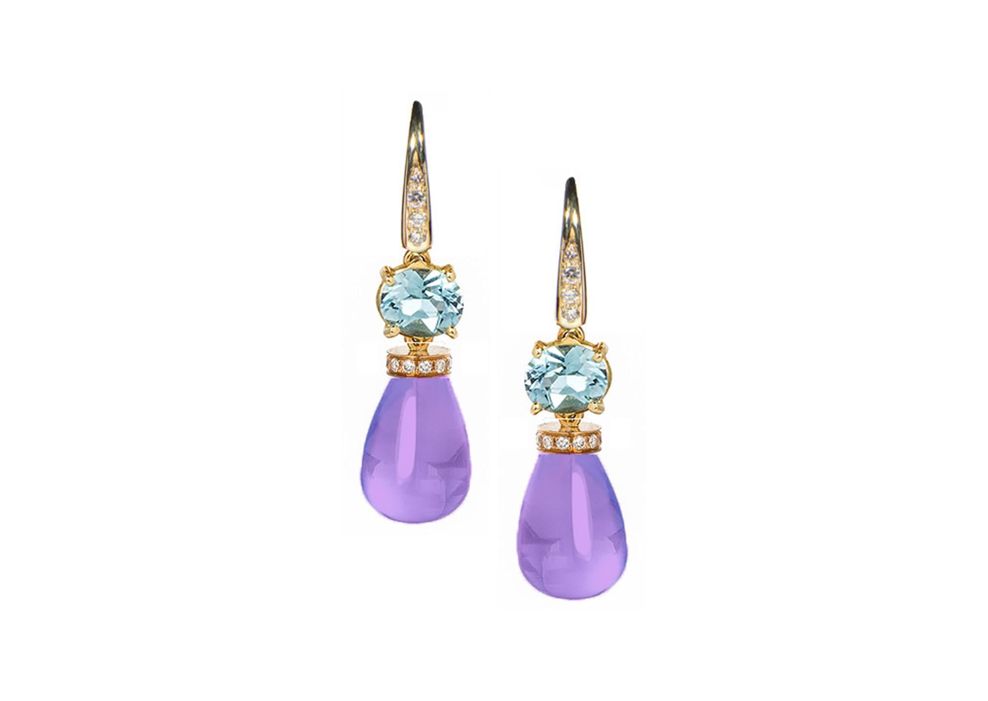 Pear Cut Rossella Ugolini Aquamarine 18K Gold Diamonds Amethyst Pendant Earrings For Sale