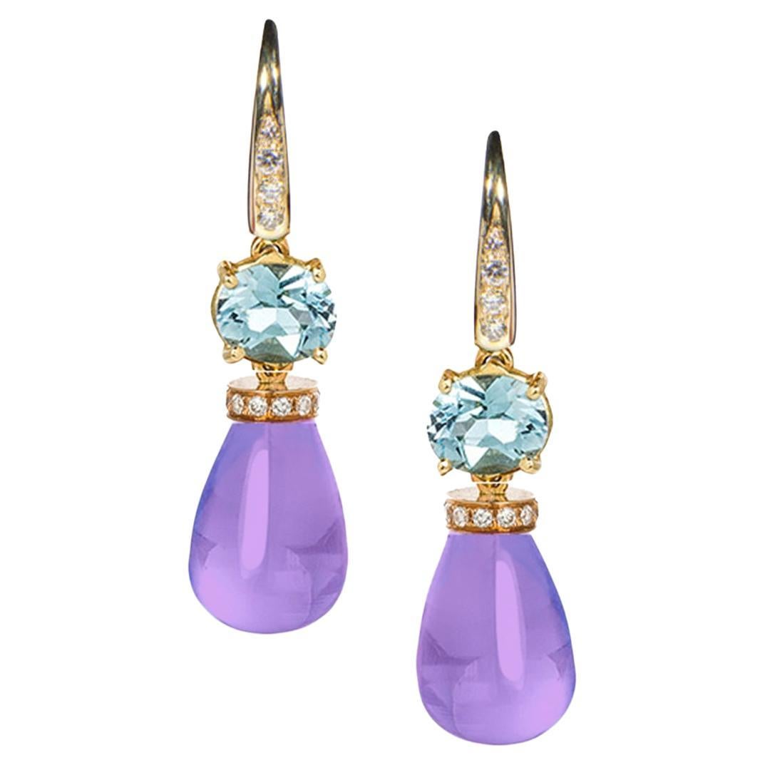 Rossella Ugolini Aquamarine 18K Gold Diamonds Amethyst Pendant Earrings For Sale