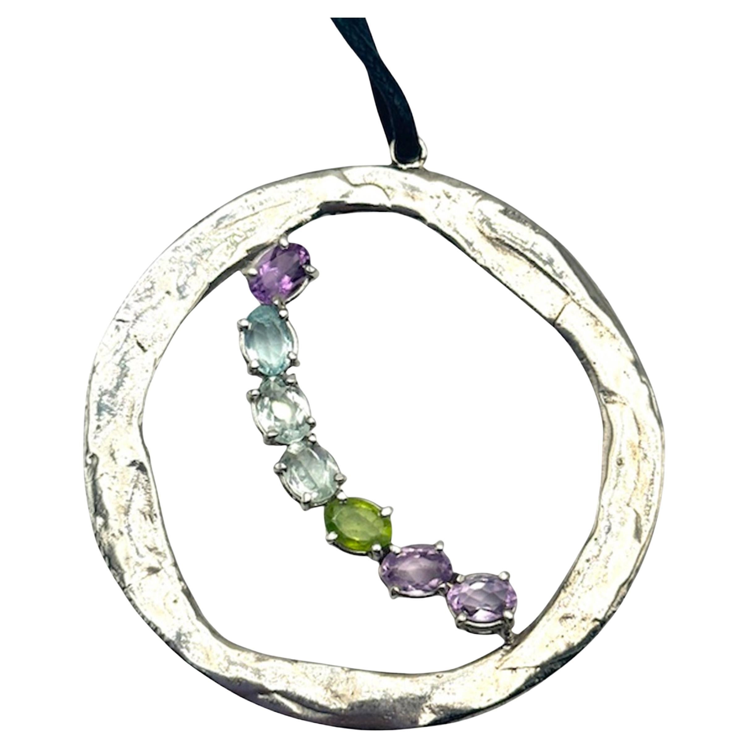 Rossella Ugolini Aquamarine Amethyst Peridot Pendant Moon Shape Silver Necklaces For Sale
