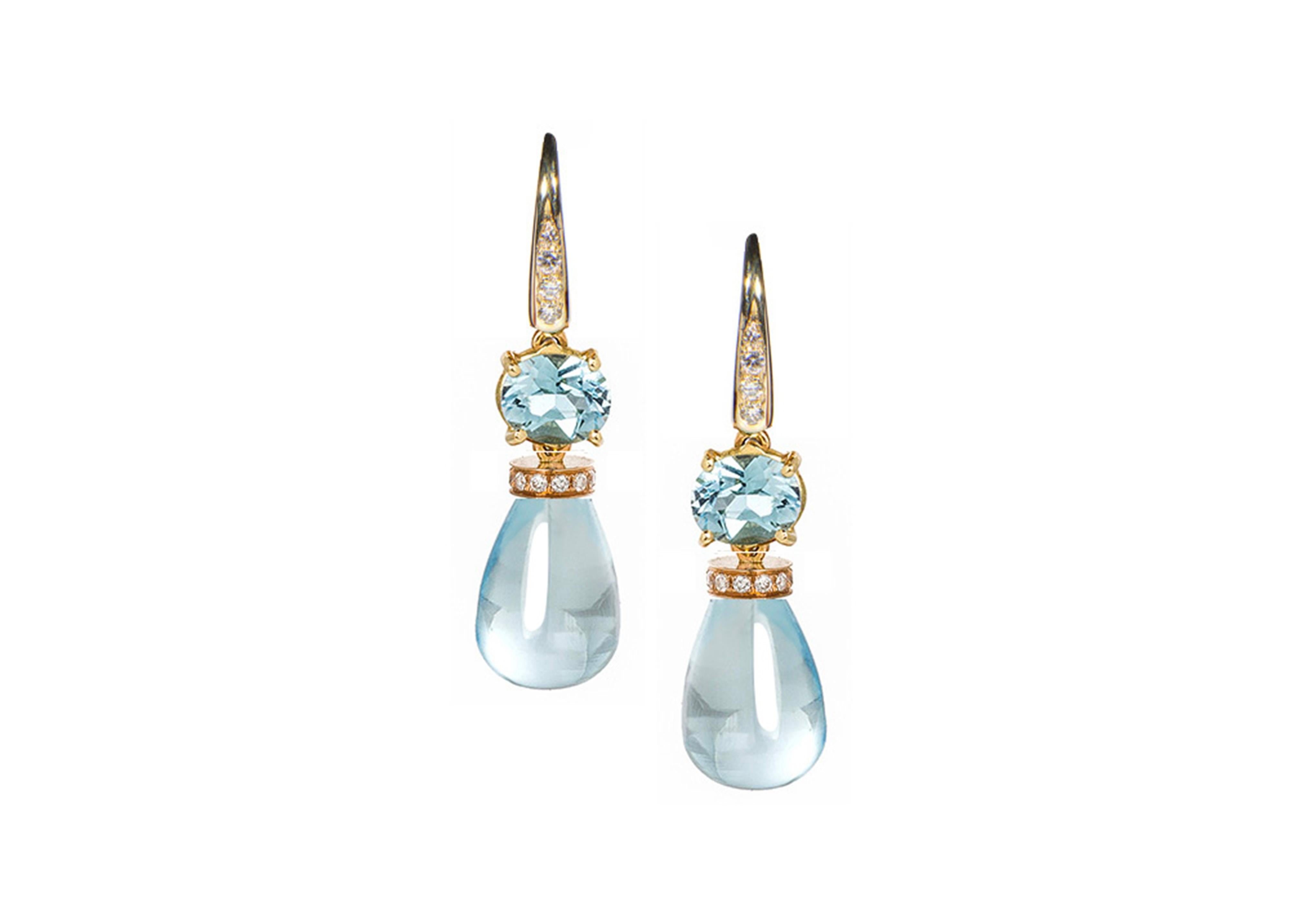 Rossella Ugolini Aquamarin-Diamanten-Ohrringe aus 18 Karat Gelbgold mit Tropfen (Brillantschliff) im Angebot