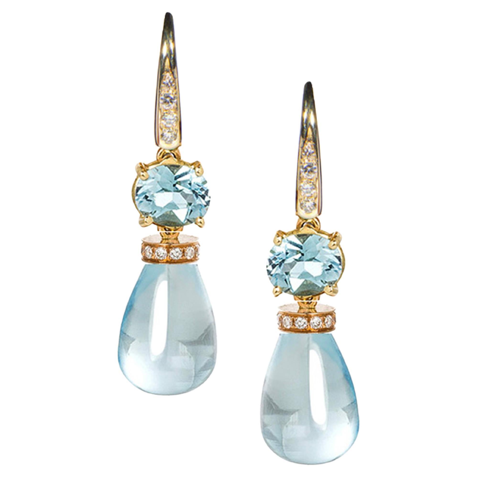 Rossella Ugolini Aquamarine Diamonds 18K Yellow Gold Drops Earrings For Sale