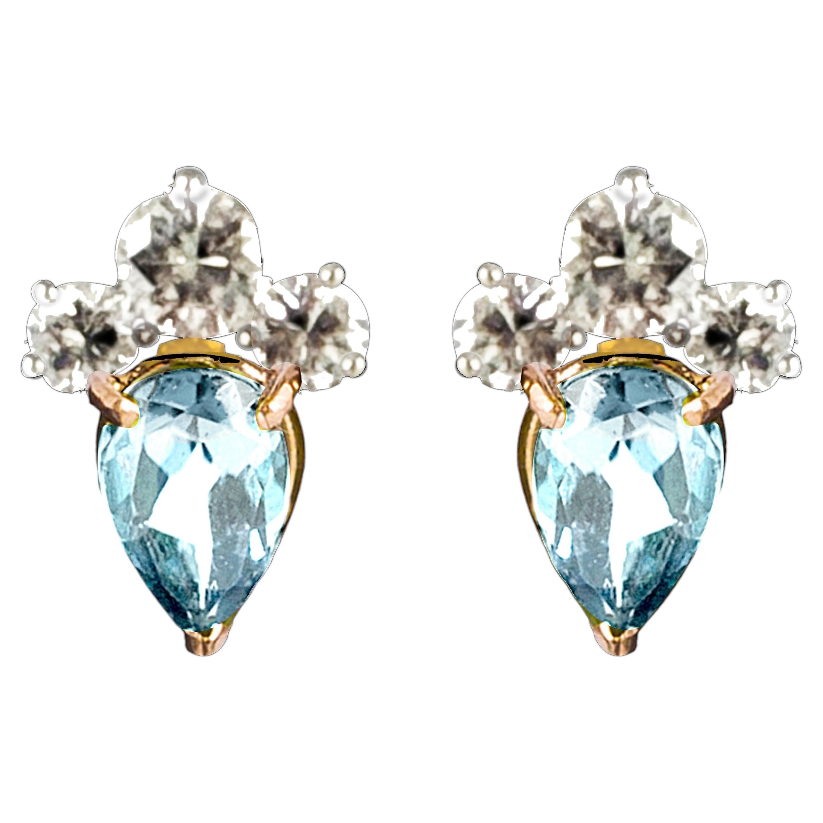 Rossella Ugolini Aquamarine White Diamonds Gold Stud Earrings Made in Italy