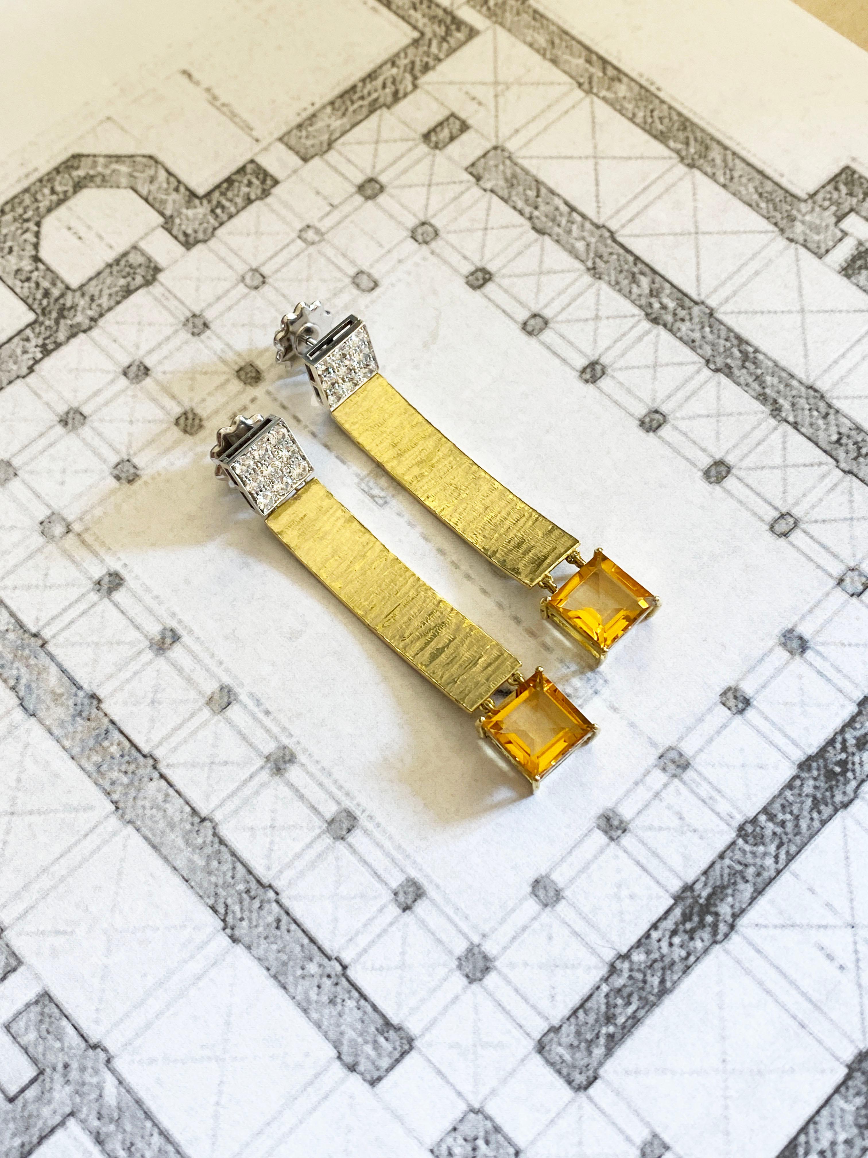 Rossella Ugolini, artiste, boucles d'oreilles en or jaune 18 carats, diamants blancs 1,80 carat et citrine en vente 6