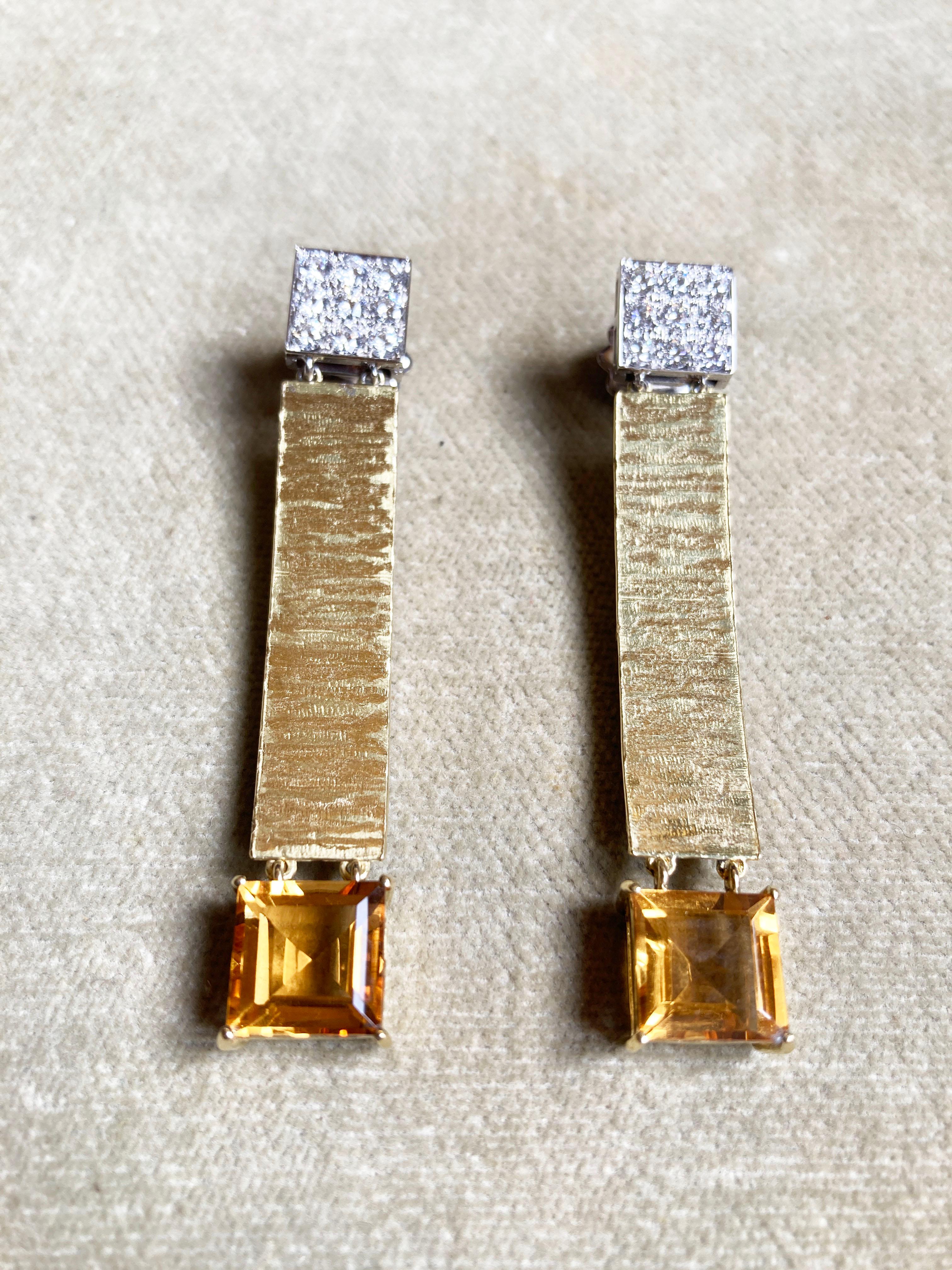 Rossella Ugolini, artiste, boucles d'oreilles en or jaune 18 carats, diamants blancs 1,80 carat et citrine Neuf - En vente à Rome, IT
