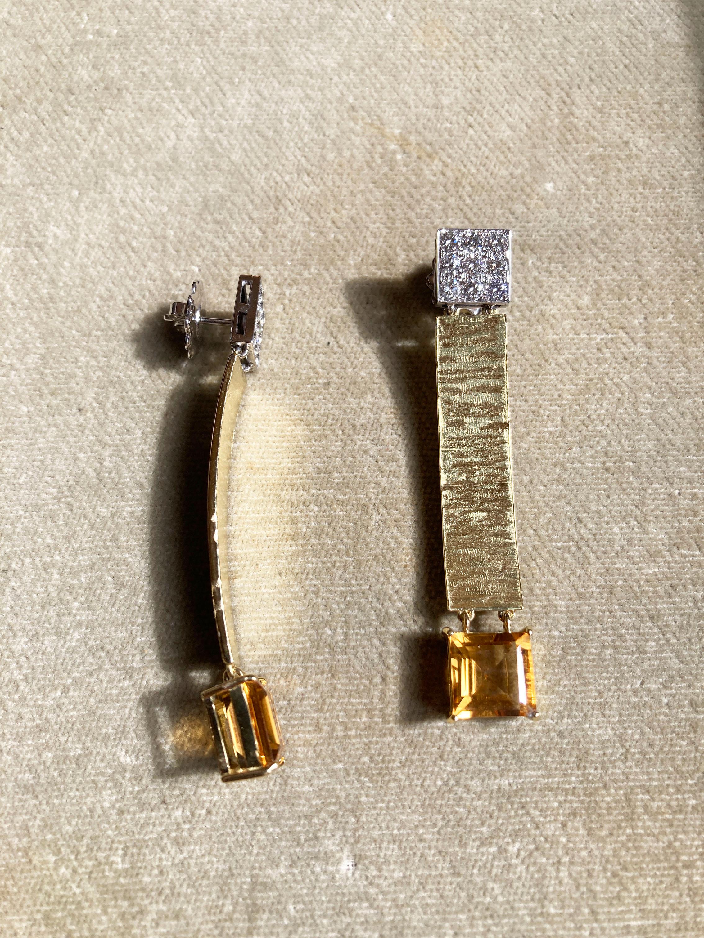 Rossella Ugolini, artiste, boucles d'oreilles en or jaune 18 carats, diamants blancs 1,80 carat et citrine en vente 3