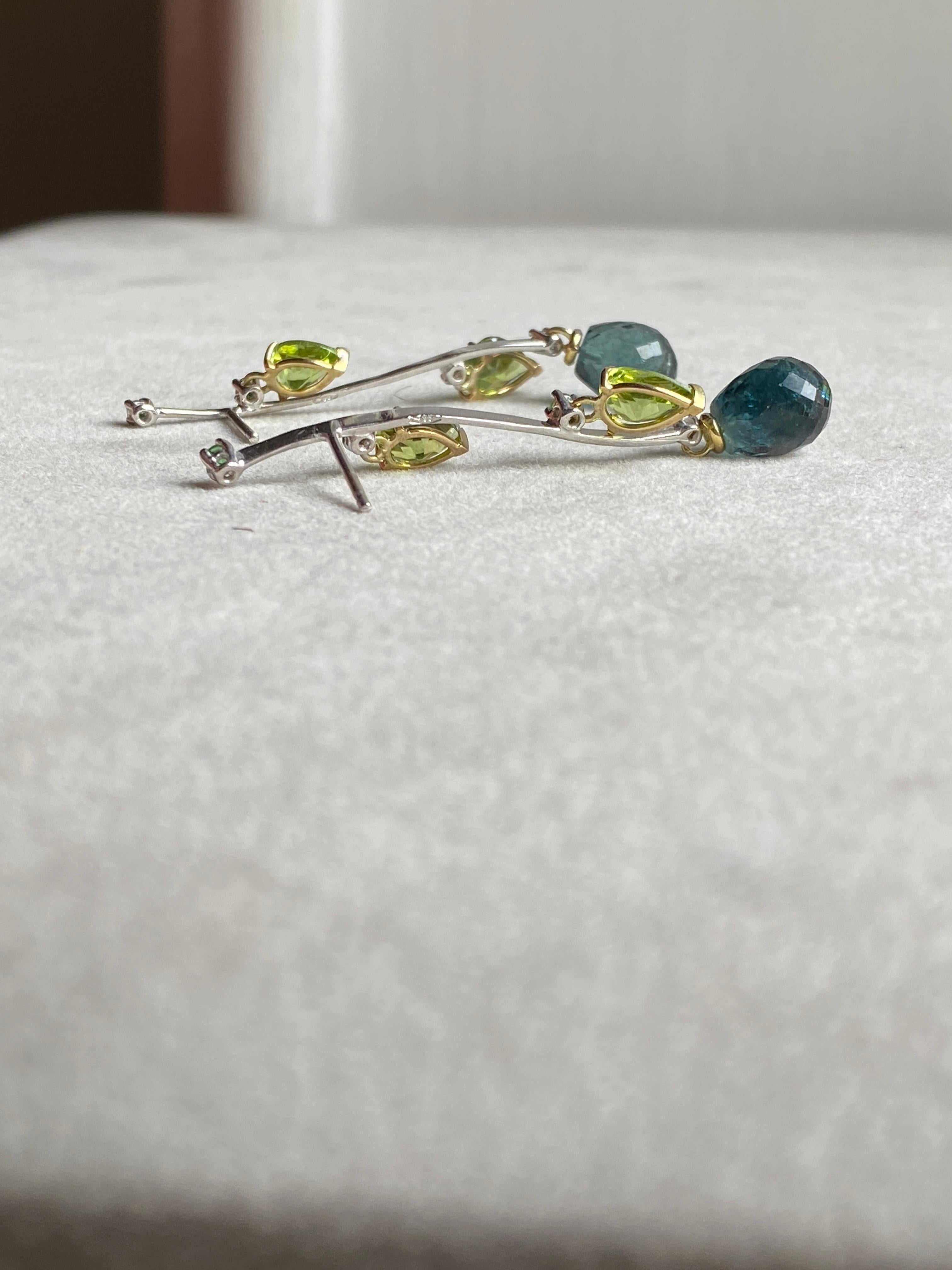 Rossella Ugolini Blue-Green Tourmaline Peridot Emeralds 18K Gold Dangle Earrings For Sale 12