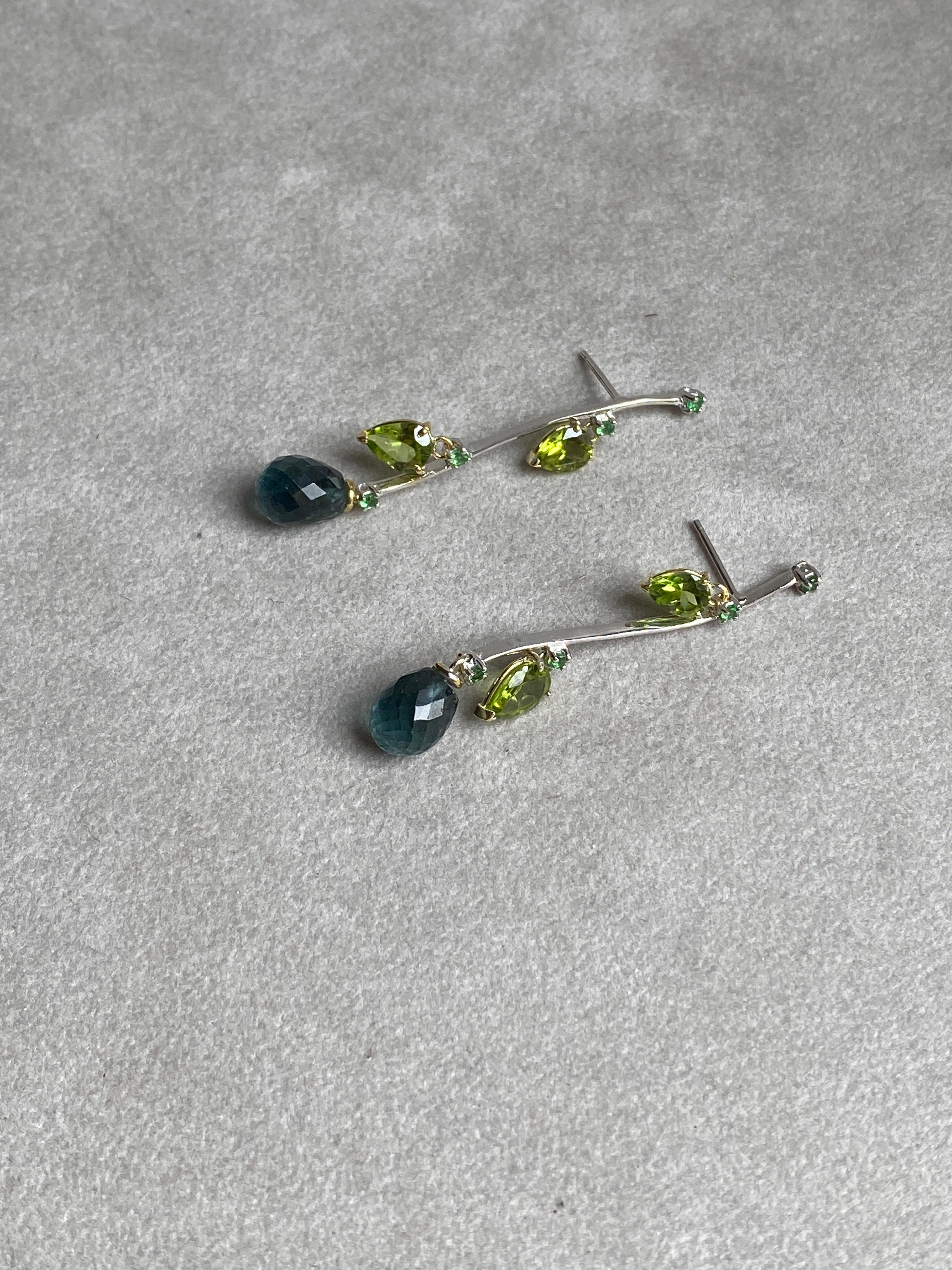Pear Cut Rossella Ugolini Blue-Green Tourmaline Peridot Emeralds 18K Gold Dangle Earrings For Sale