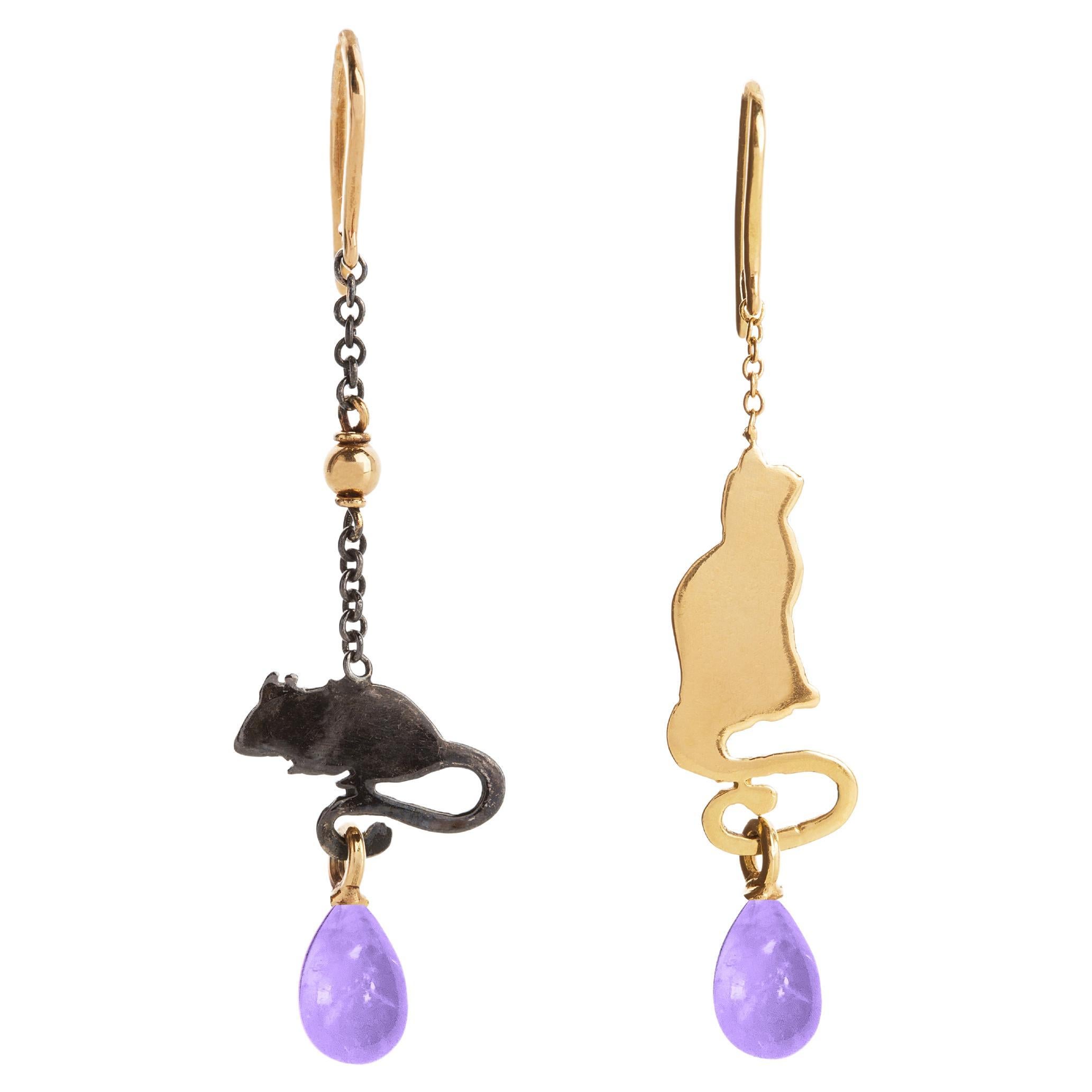 Rossella Ugolini Cat & Mouse 18K Yellow Gold Amethyst drops Earrings For Sale