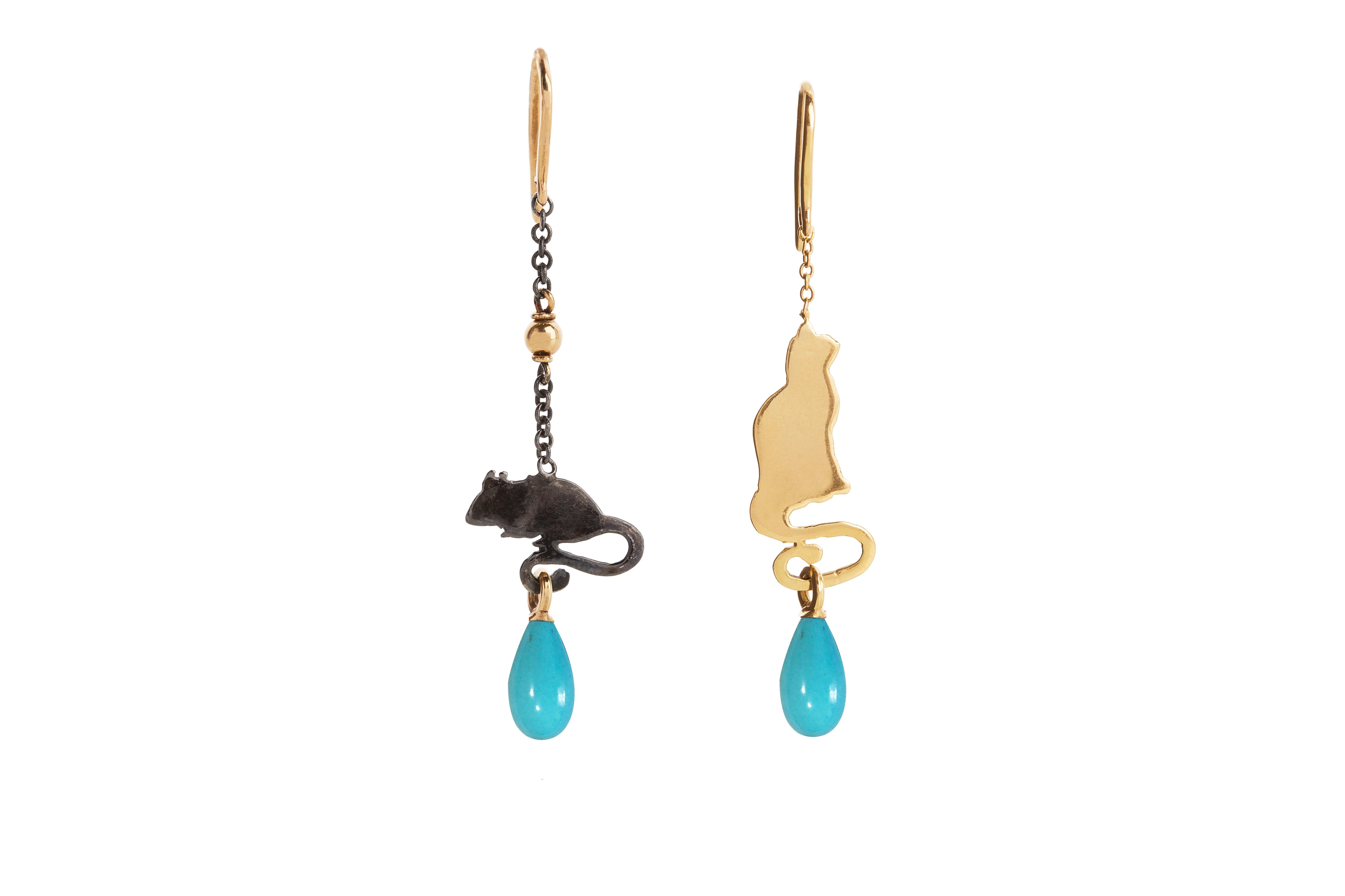 Pear Cut Rossella Ugolini Cat & Mouse 18K Yellow Gold Turquoise drops Earrings For Sale