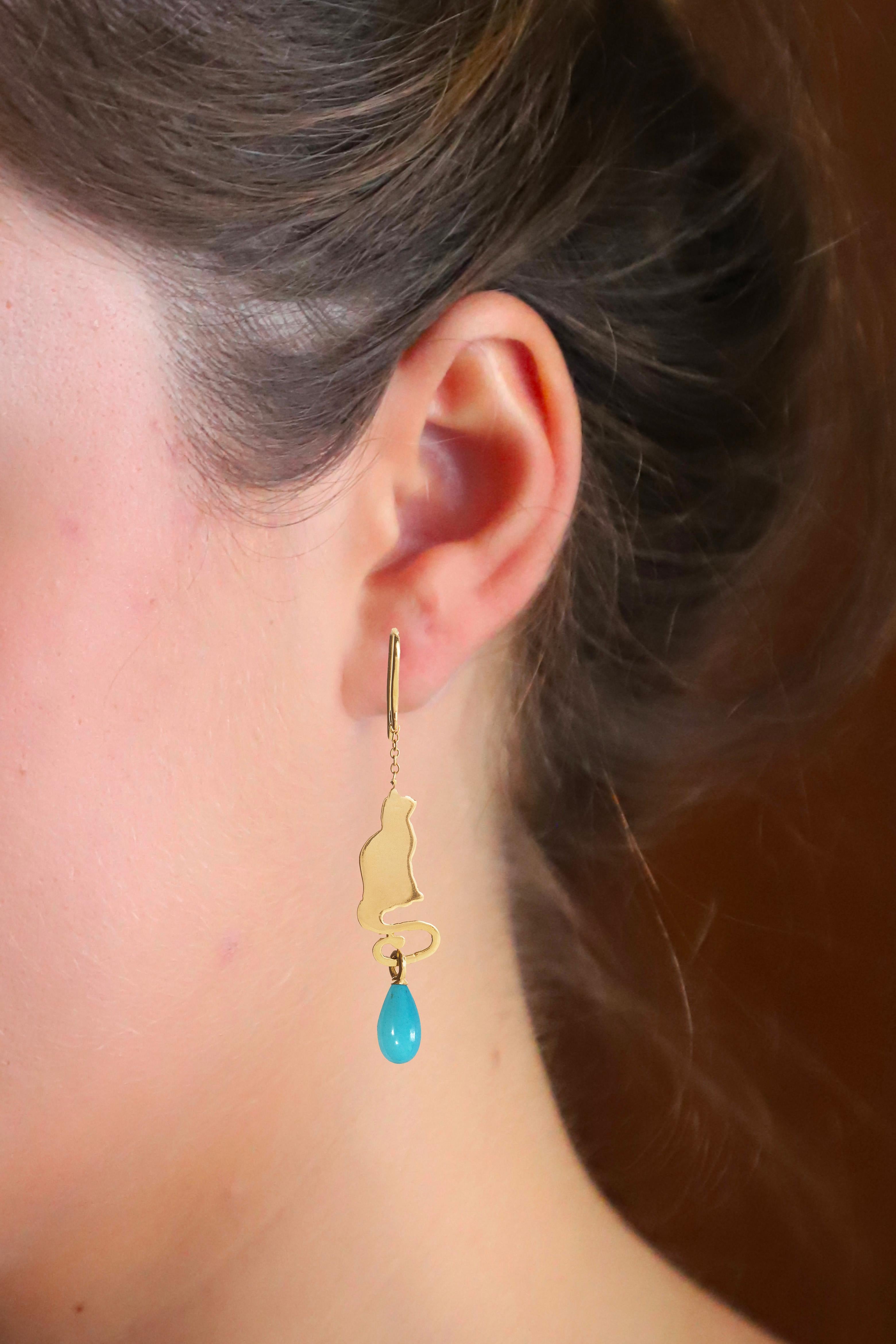 Rossella Ugolini Cat & Mouse 18K Yellow Gold Turquoise drops Earrings In New Condition For Sale In Rome, IT