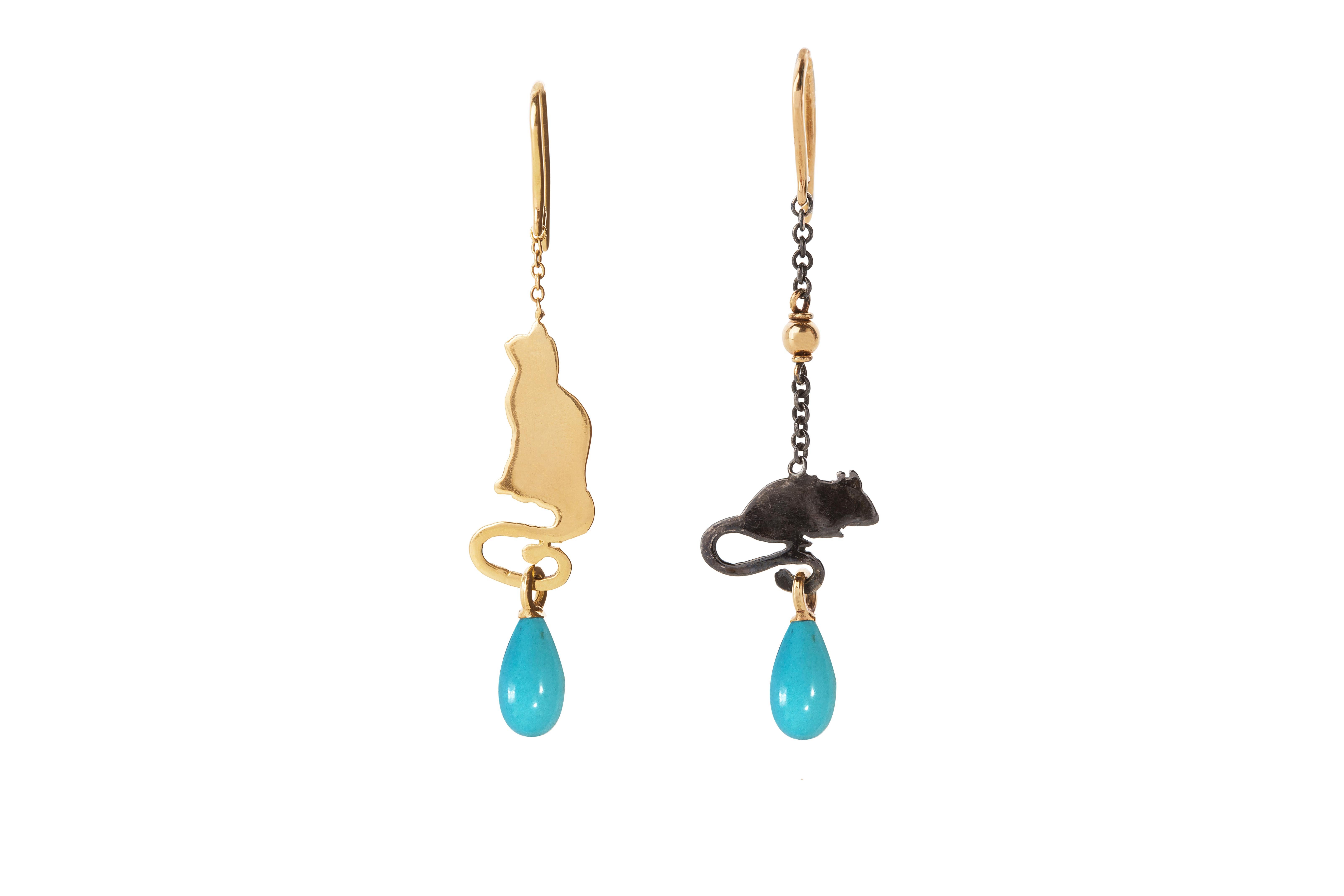 Rossella Ugolini Cat & Mouse 18K Yellow Gold Turquoise drops Earrings For Sale 2