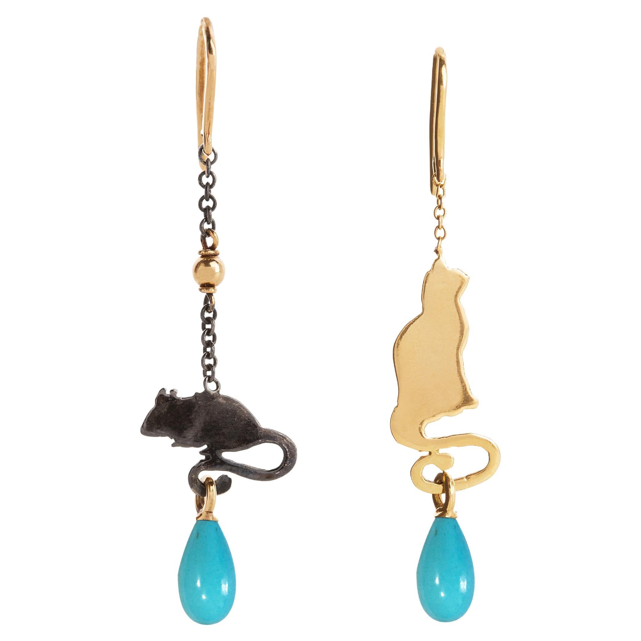 Rossella Ugolini Cat & Mouse 18K Yellow Gold Turquoise drops Earrings