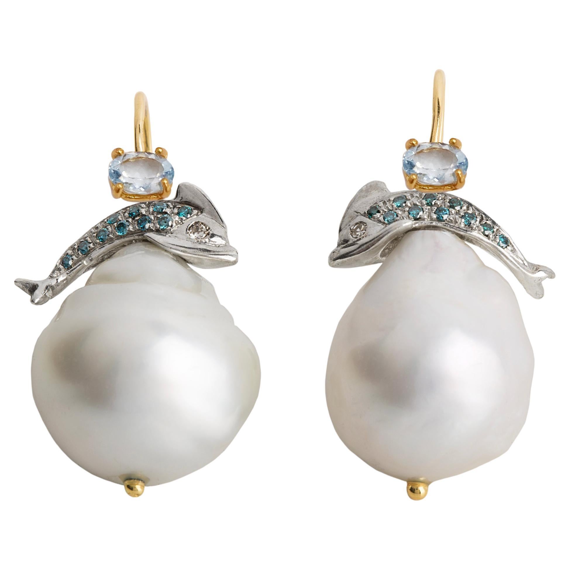 Rossella Ugolini Dolphins Sapphires Aquamarine Diamonds Earrings For Sale