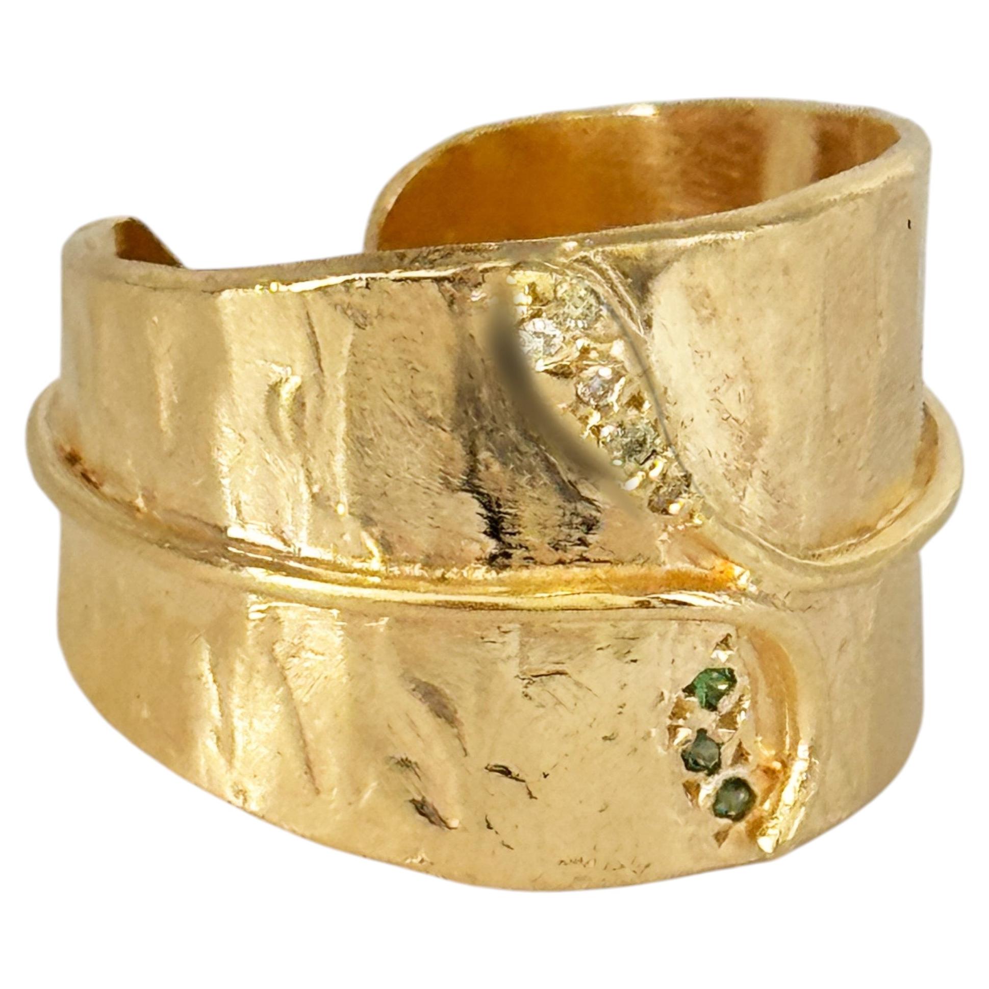 Rossella Ugolini Emeralds Diamonds Gold Snake Hammered Band Ring For Sale