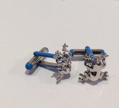 Rossella Ugolini Frog Cufflinks in Sterling Silver Gold Plated and Blue Enamel
