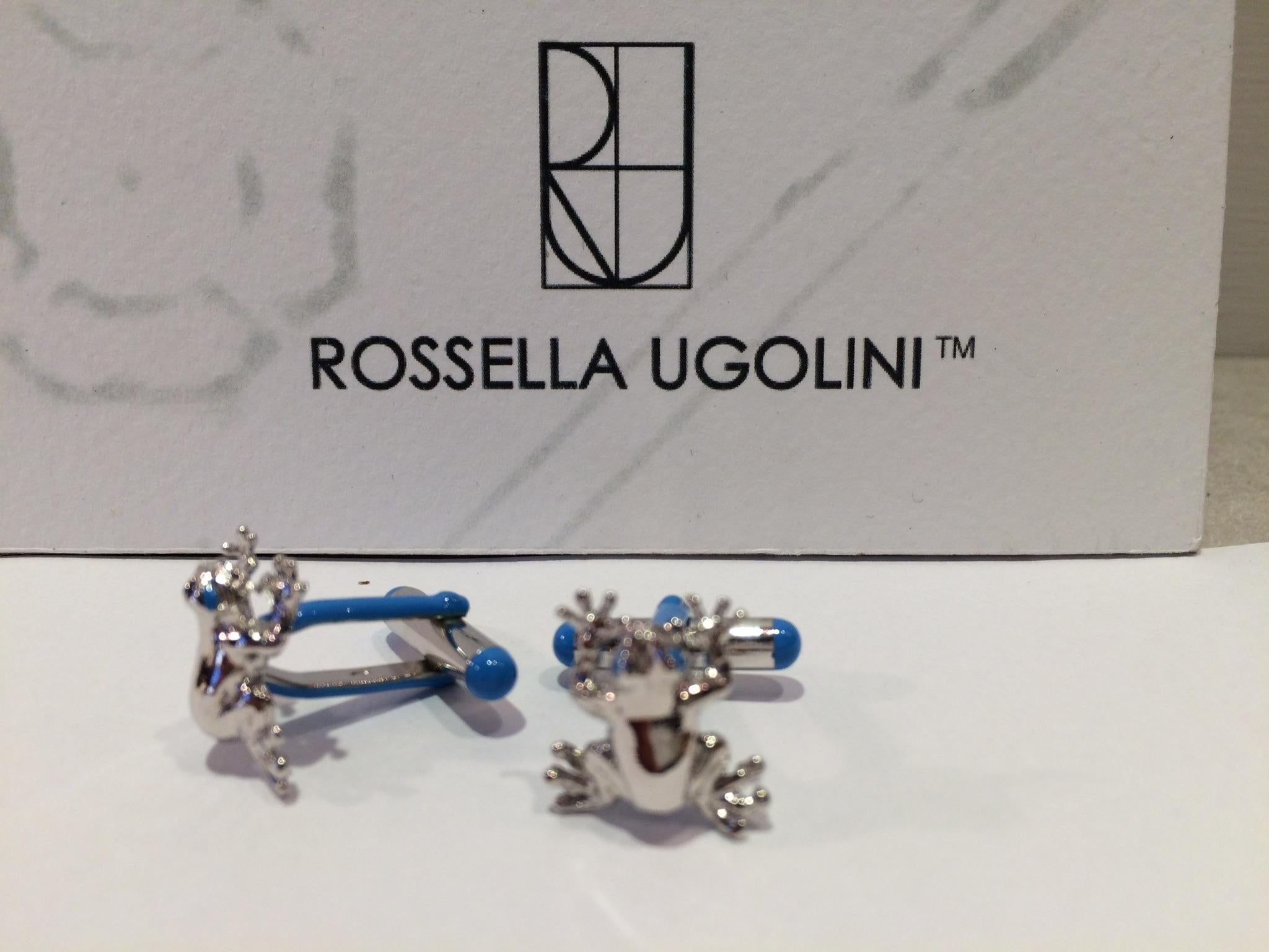 Artisan Rossella Ugolini Boutons de manchette grenouille en argent sterling plaqué or et émail bleu en vente