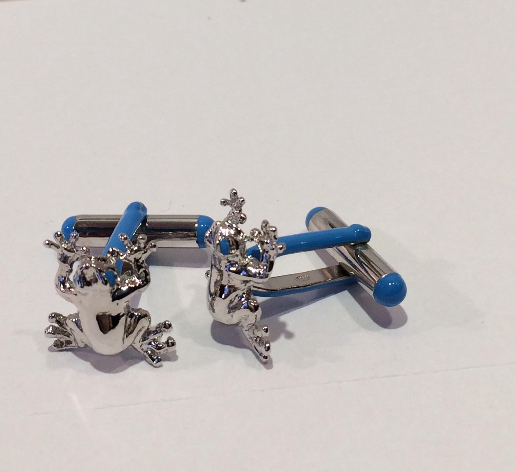 Rossella Ugolini Frog Cufflinks in Sterling Silver Gold Plated and Blue Enamel In New Condition For Sale In Rome, IT