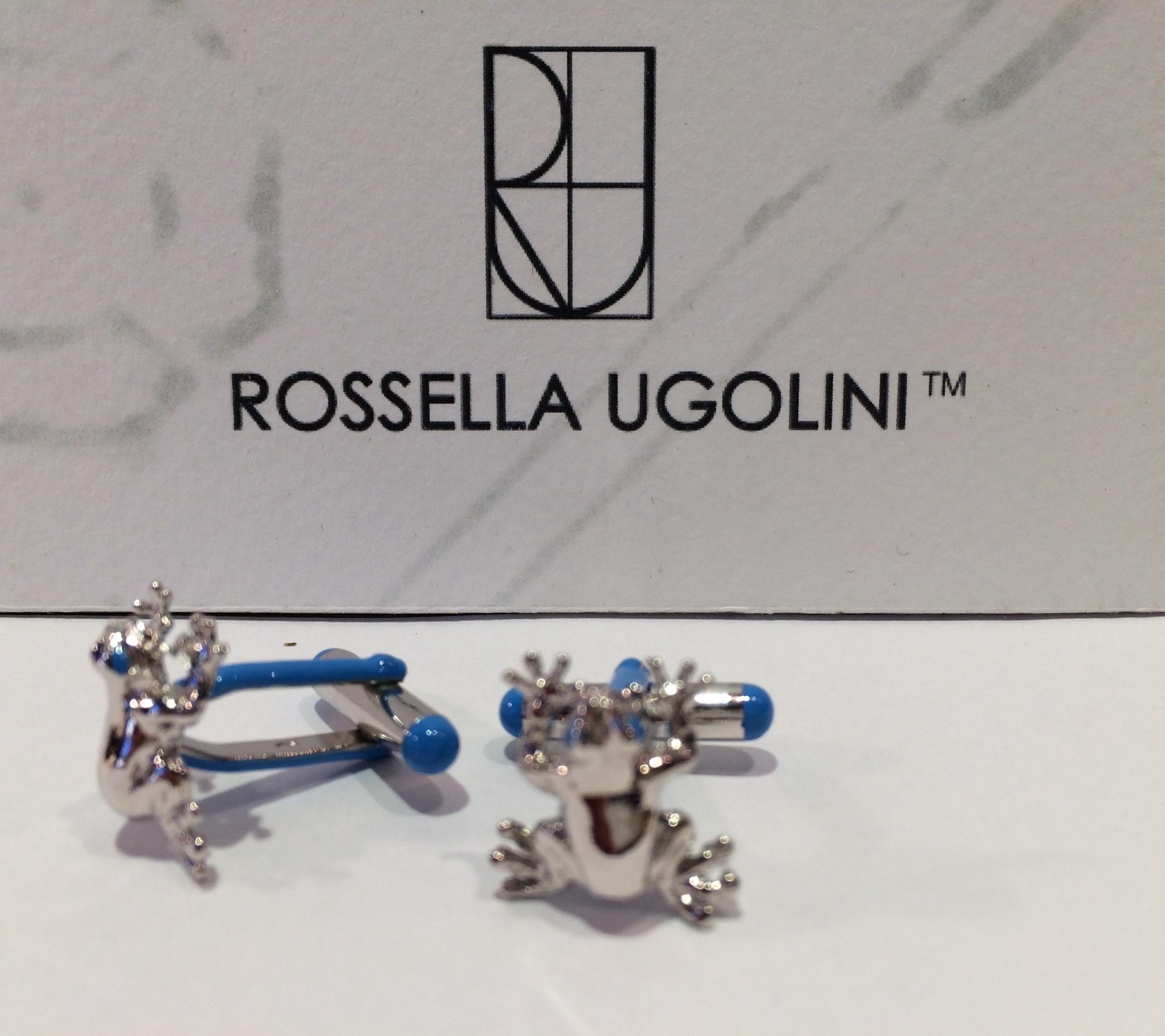 Women's or Men's Rossella Ugolini Frog Cufflinks in Sterling Silver Gold Plated and Blue Enamel For Sale