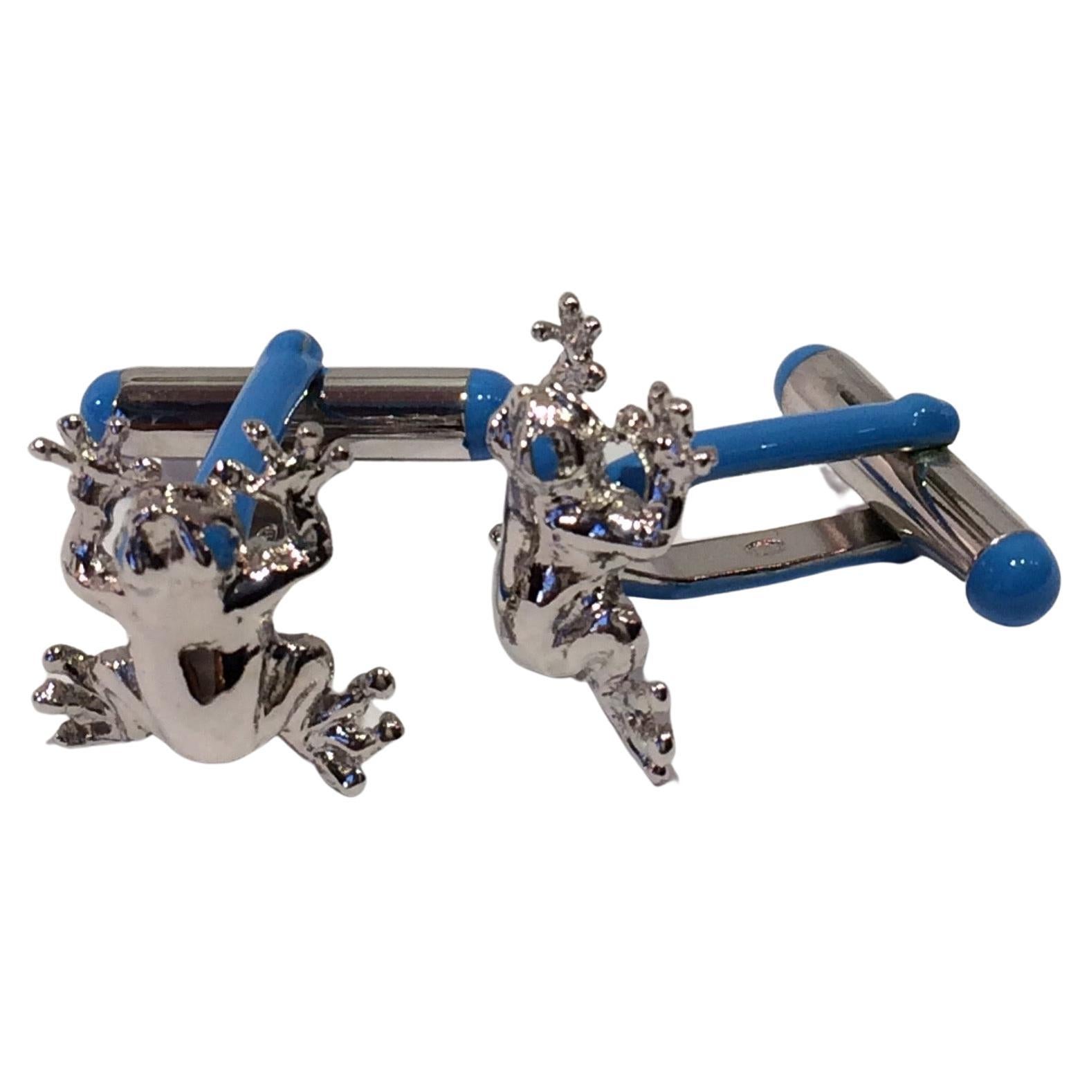 Rossella Ugolini Frog Cufflinks in Sterling Silver Gold Plated and Blue Enamel For Sale