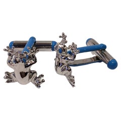 Rossella Ugolini Frog Cufflinks in Sterling Silver Gold Plated and Blue Enamel