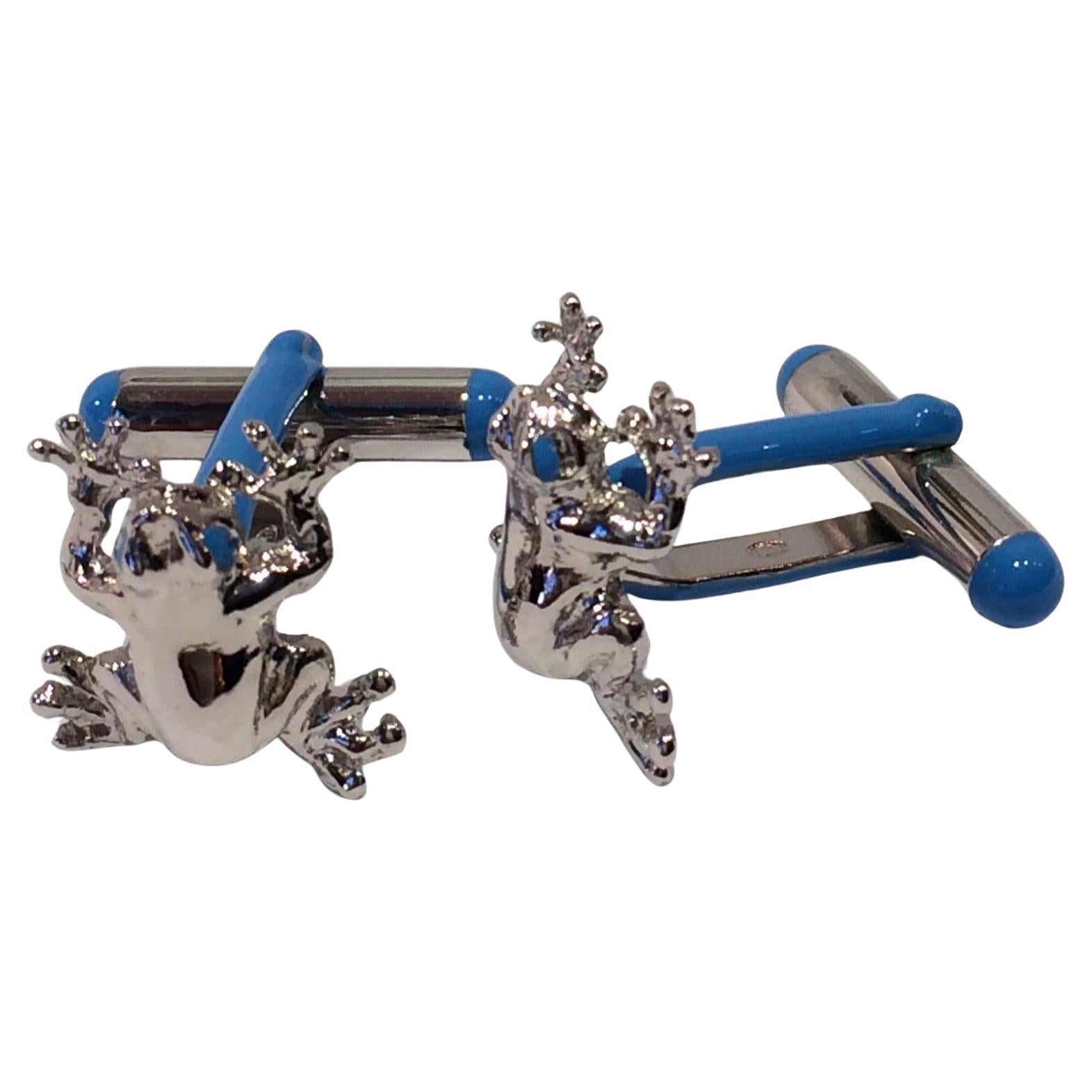 Rossella Ugolini Frog Cufflinks Sterling Silver Blue Enamel Made in Italy For Sale