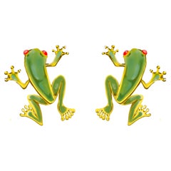 Rossella Ugolini Frog Rubies Eyes 18k Yellow Gold Enamel Cufflinks Made in Italy