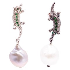 Rossella Ugolini Alligator Green Tzavorite Diamonds Baroque Earrings