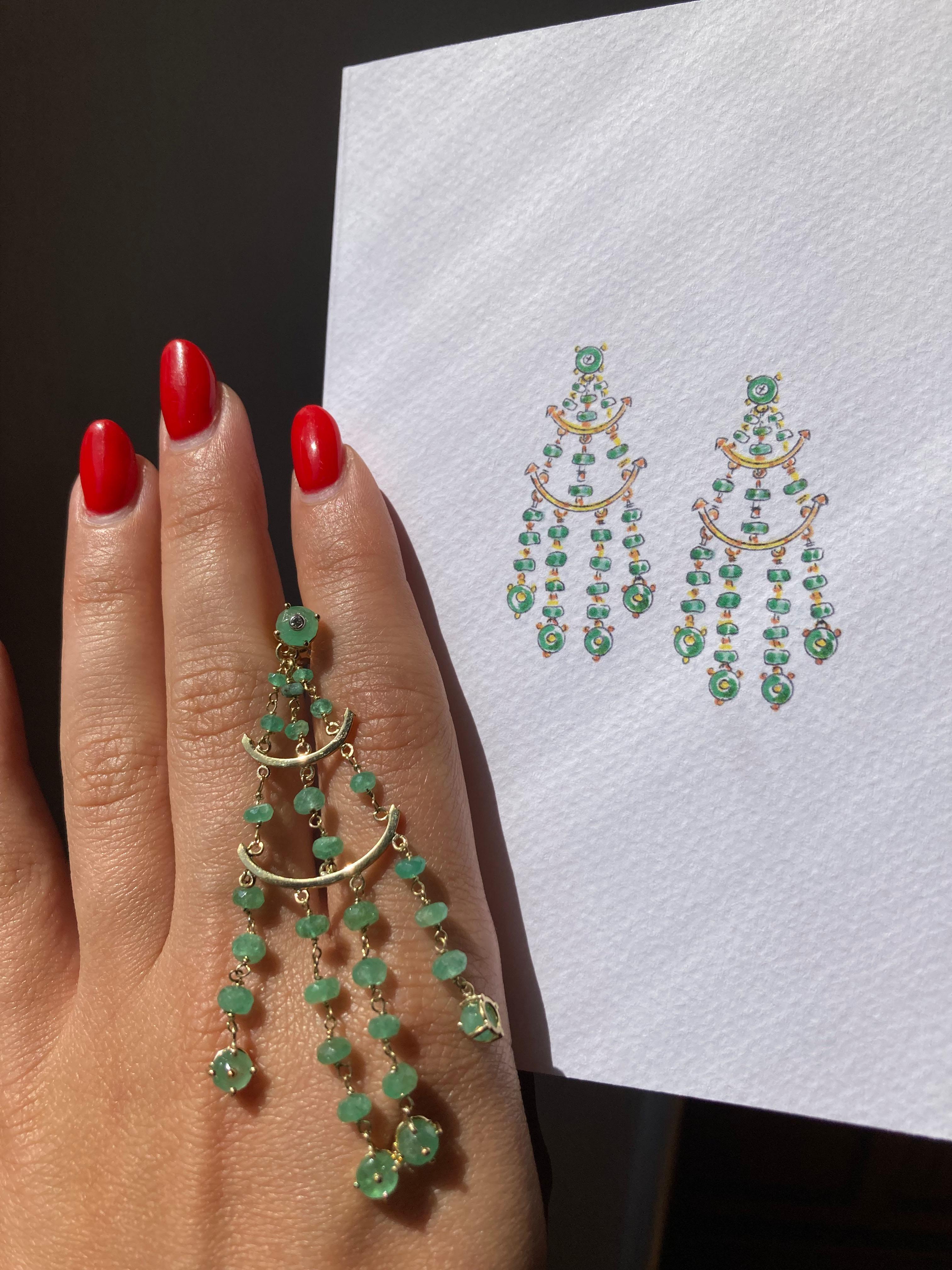 Rossella Ugolini Handcrafted Emerald Chandelier Earrings Italian Craftsmanship For Sale 3