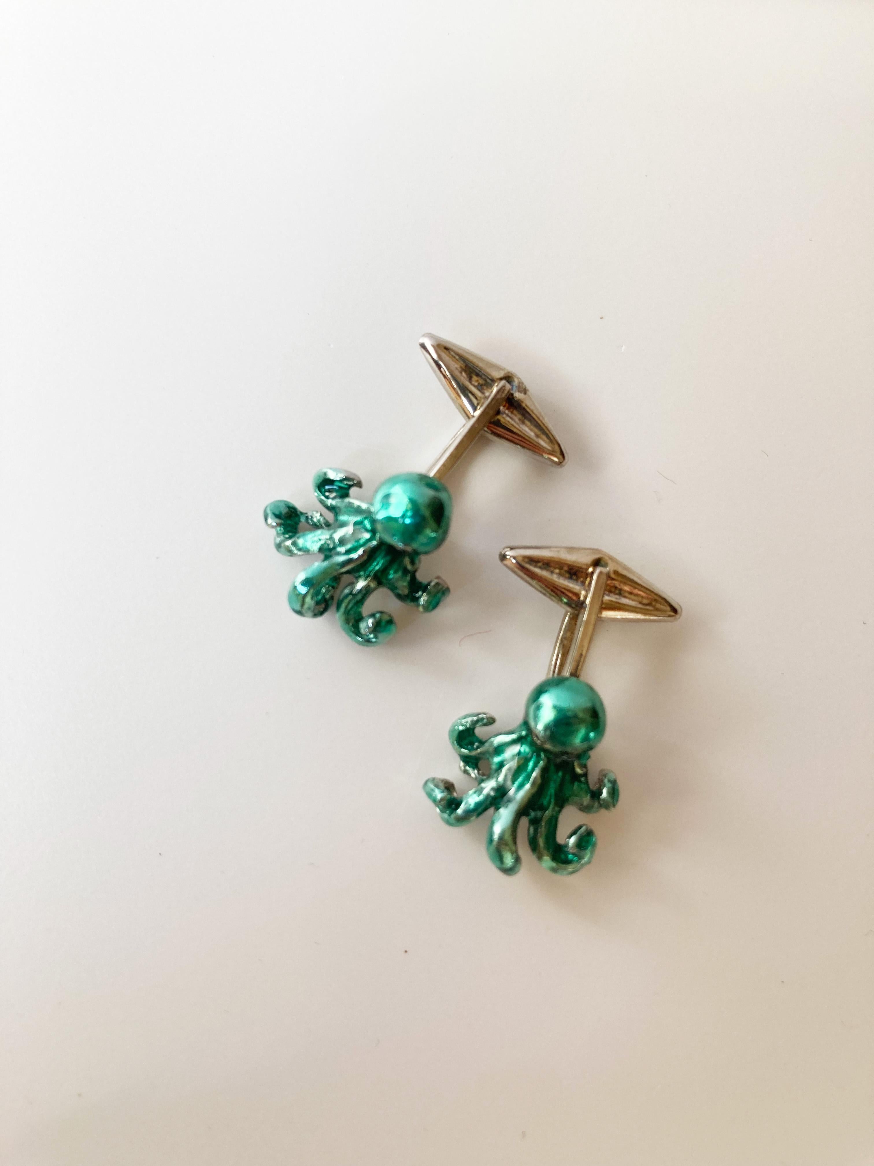 Brilliant Cut Rossella Ugolini Handcrafted Octopus Cufflinks Sterling Silver Enamel Sapphires For Sale