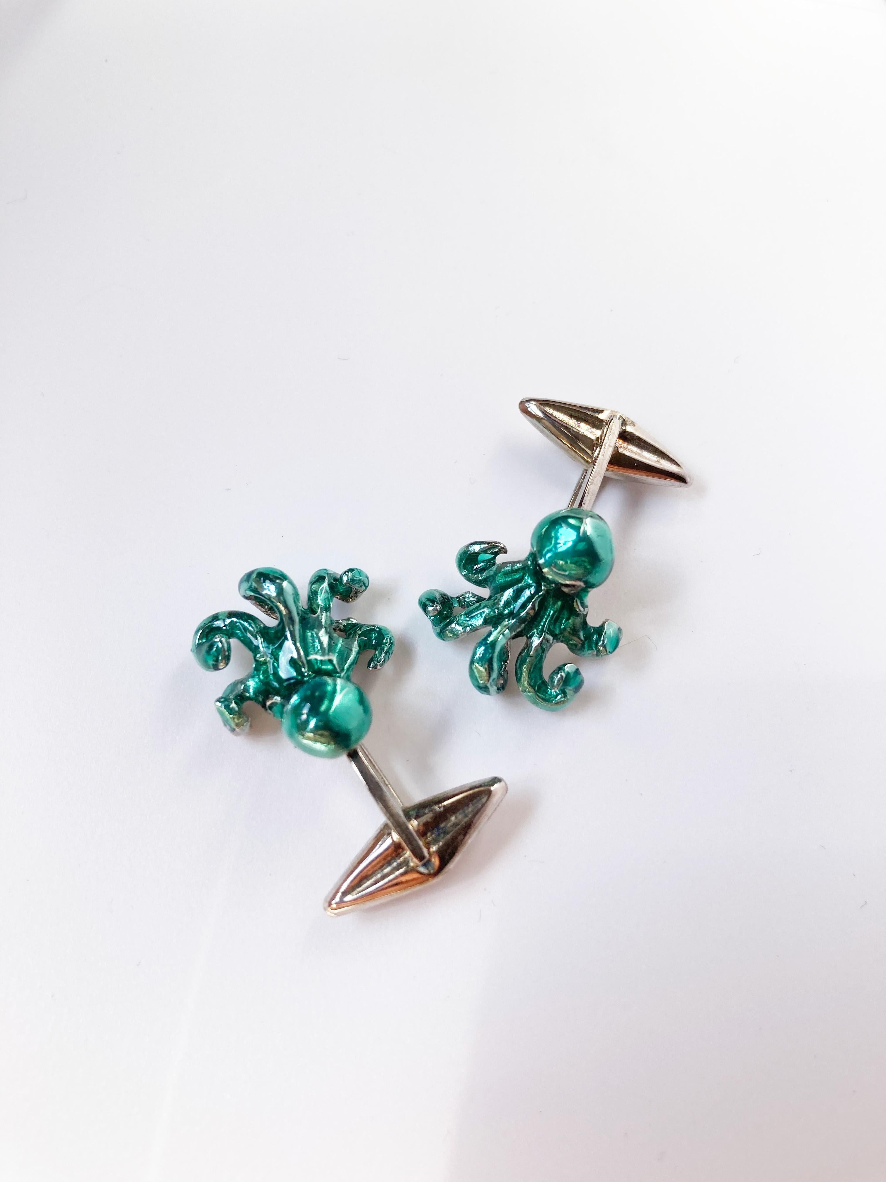 Rossella Ugolini Handcrafted Octopus Cufflinks Sterling Silver Enamel Sapphires For Sale 2