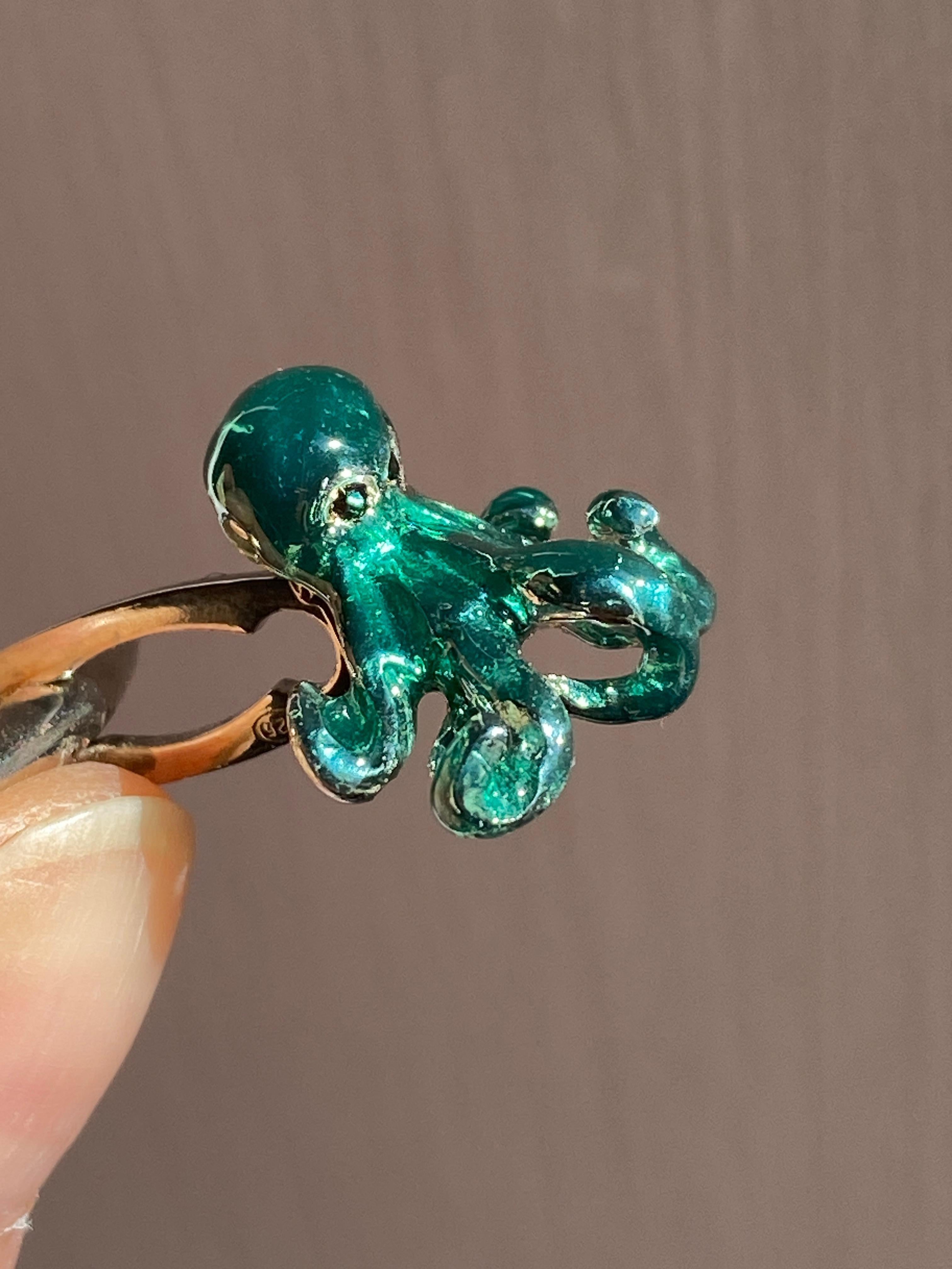 Rossella Ugolini Handcrafted Octopus Cufflinks Sterling Silver Enamel Sapphires For Sale 1