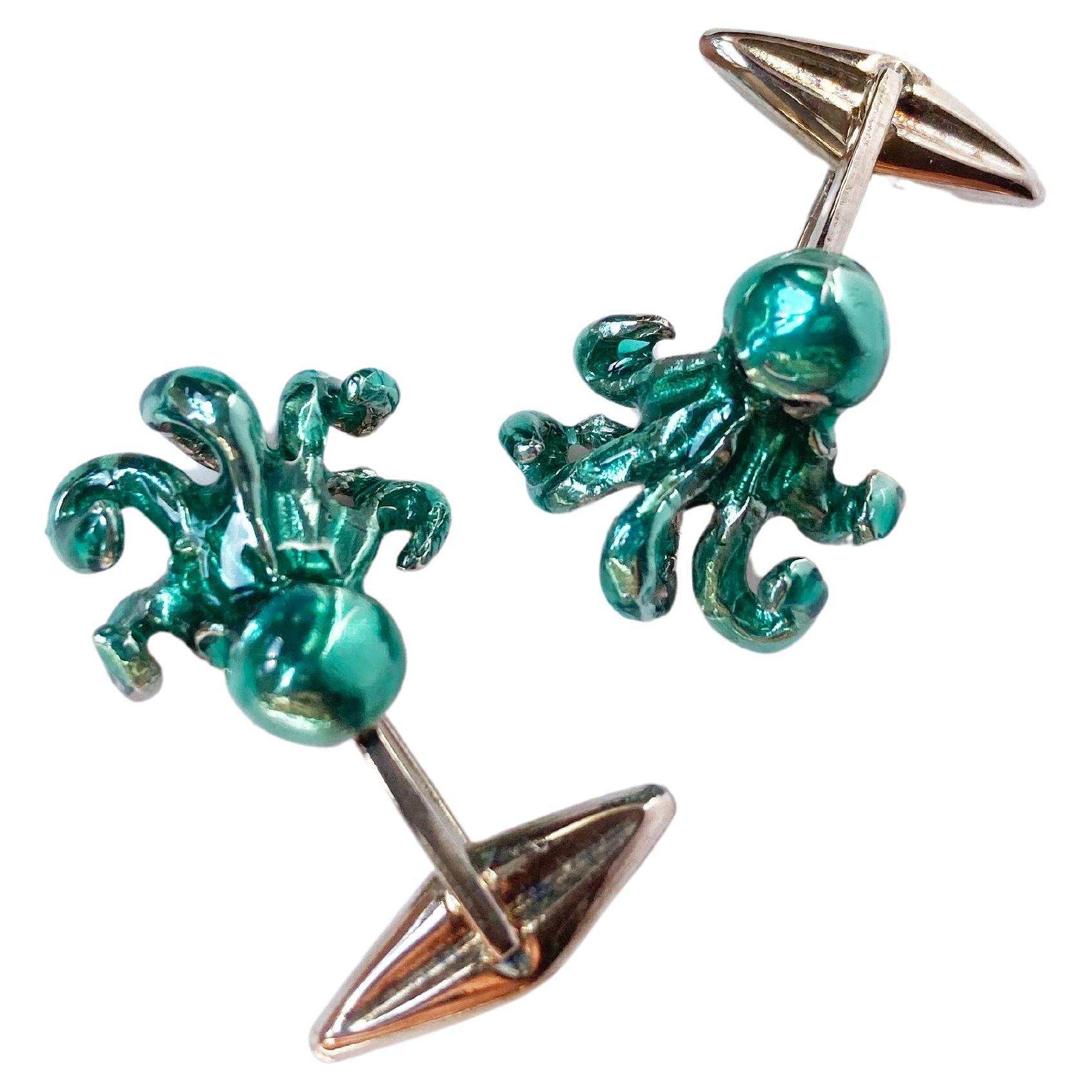 Rossella Ugolini Handcrafted Octopus Cufflinks Sterling Silver Enamel Sapphires For Sale