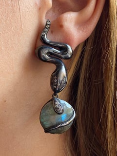 Rossella Ugolini Italian Bold Serpent Diamonds Labradorite Dangle Earrings