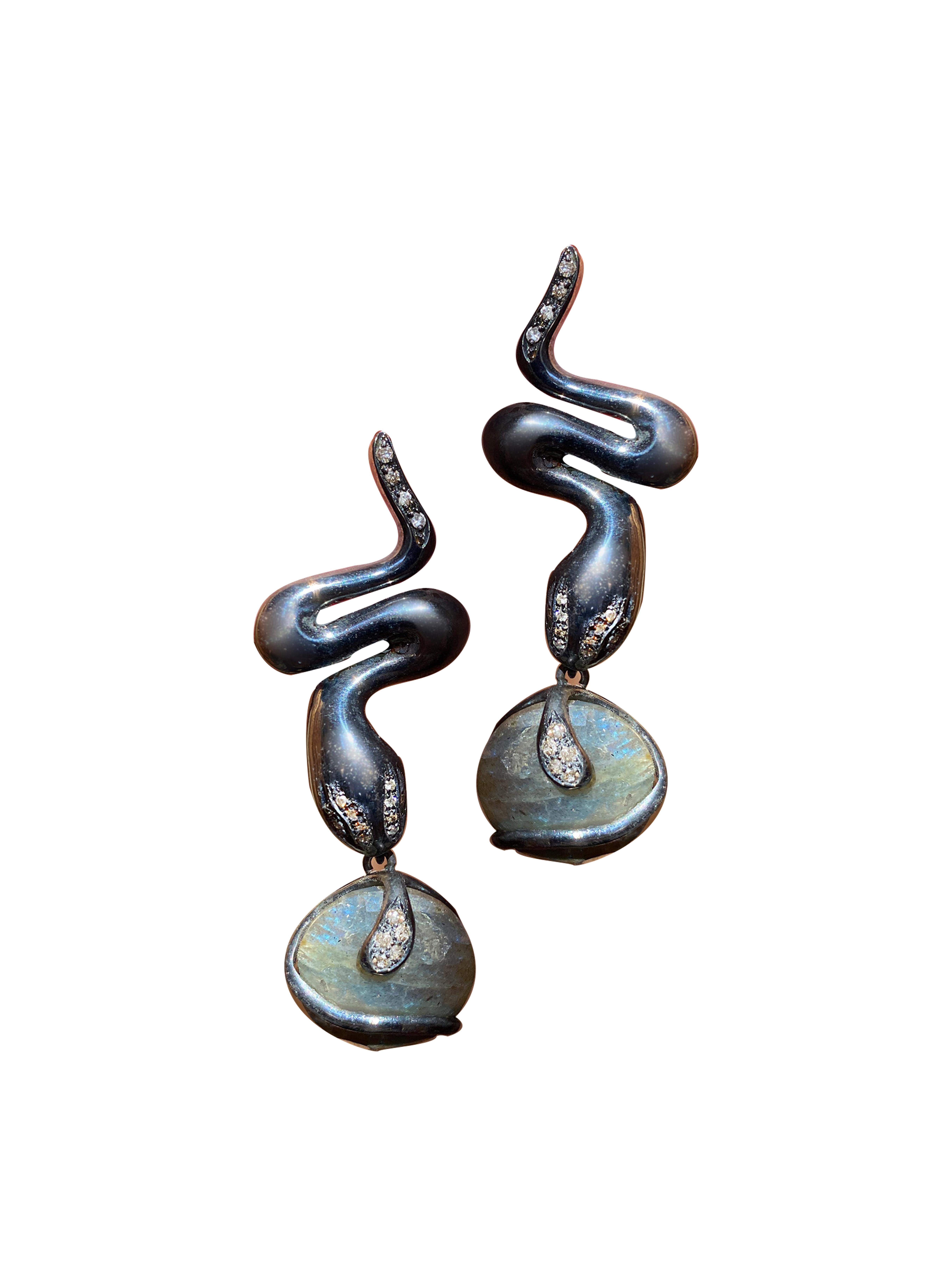 Rossella Ugolini Italian Bold Serpent Diamonds Labradorite Dangle Earrings For Sale 1