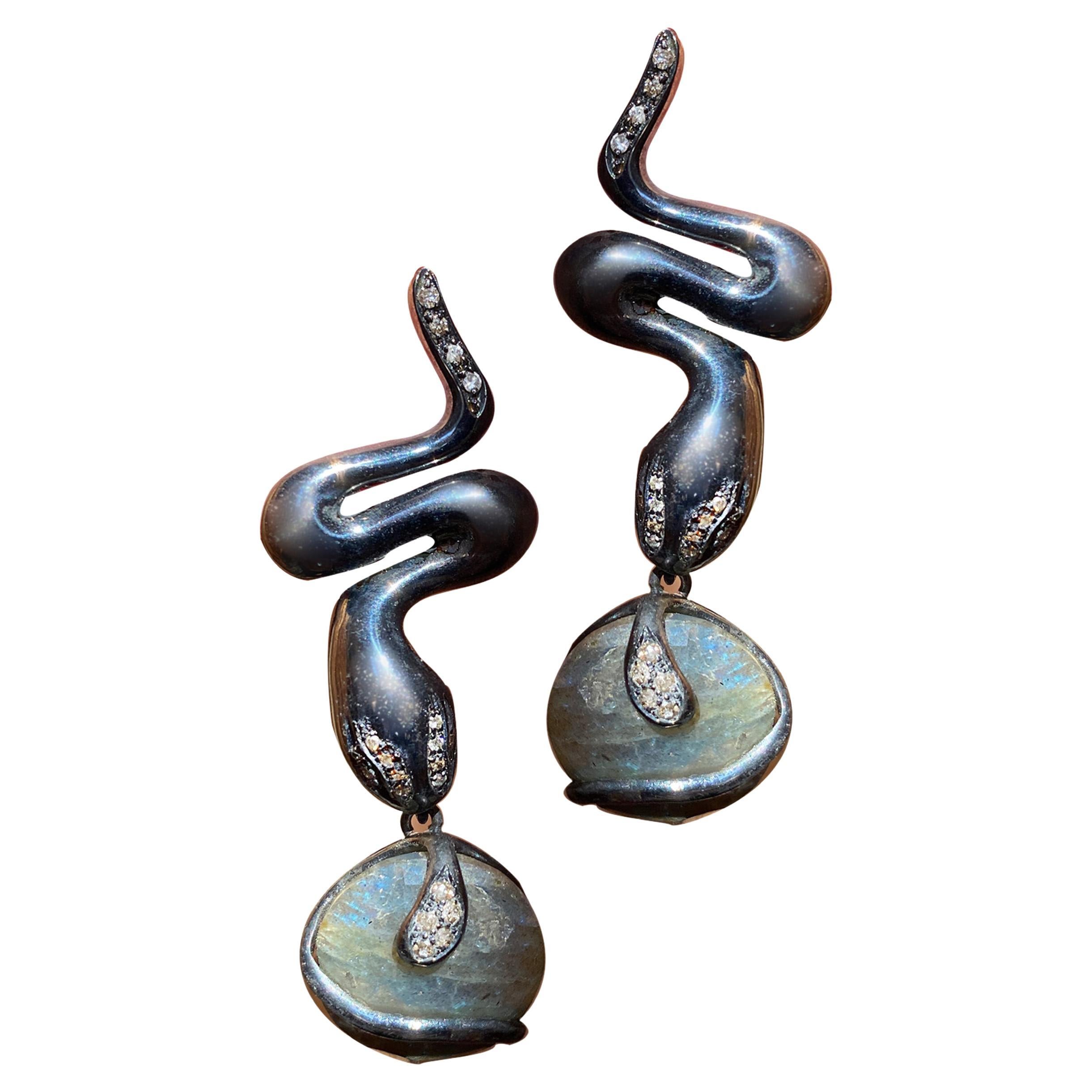 Rossella Ugolini Italian Bold Serpent Diamonds Labradorite Dangle Earrings