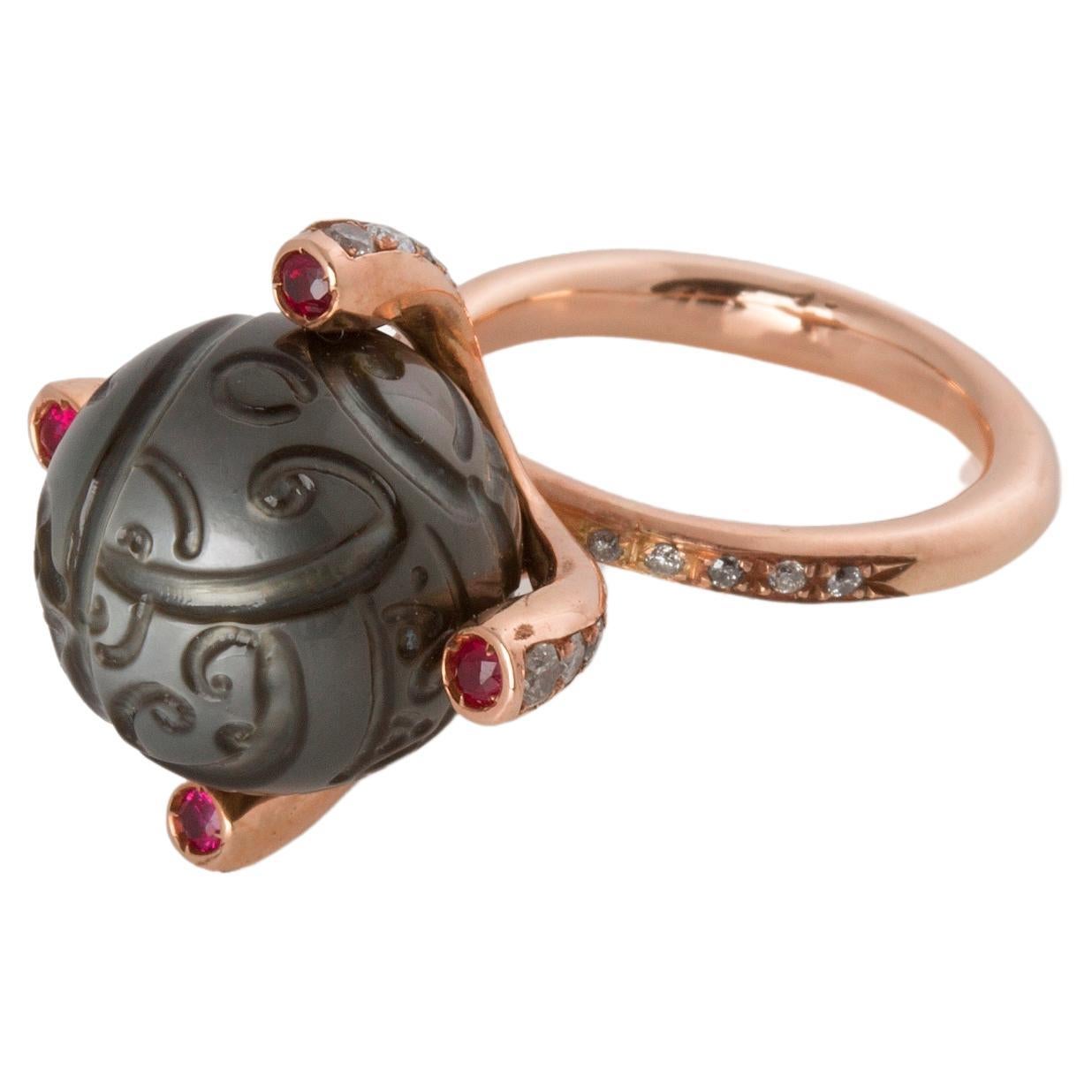 Rossella Ugolini Limited Edition Gold Diamonds Ruby Amulet Ring For Sale