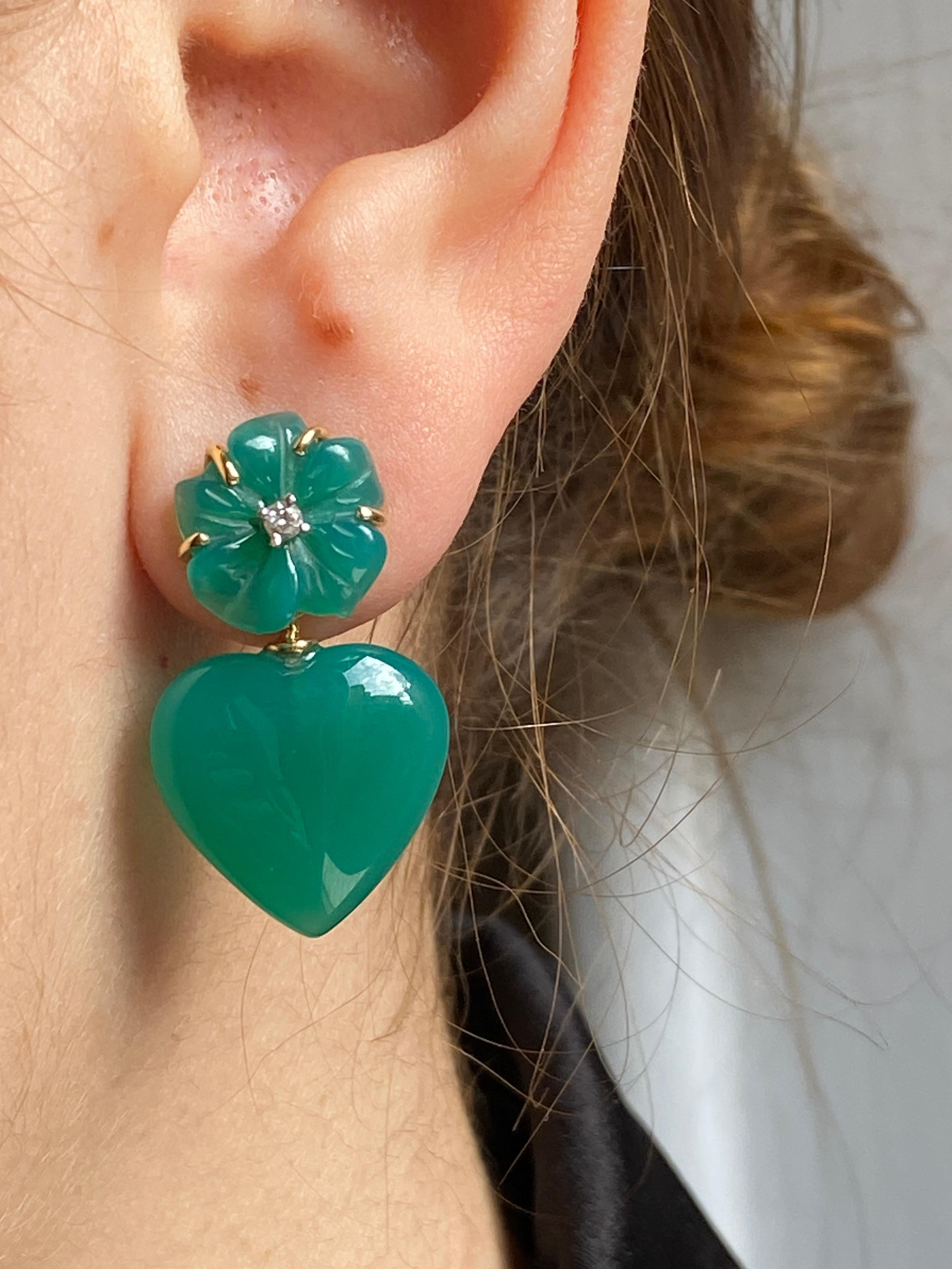 Brilliant Cut Rossella Ugolini Love Green Agate Diamonds 18k Gold Happy Flower Dangle Earrings For Sale