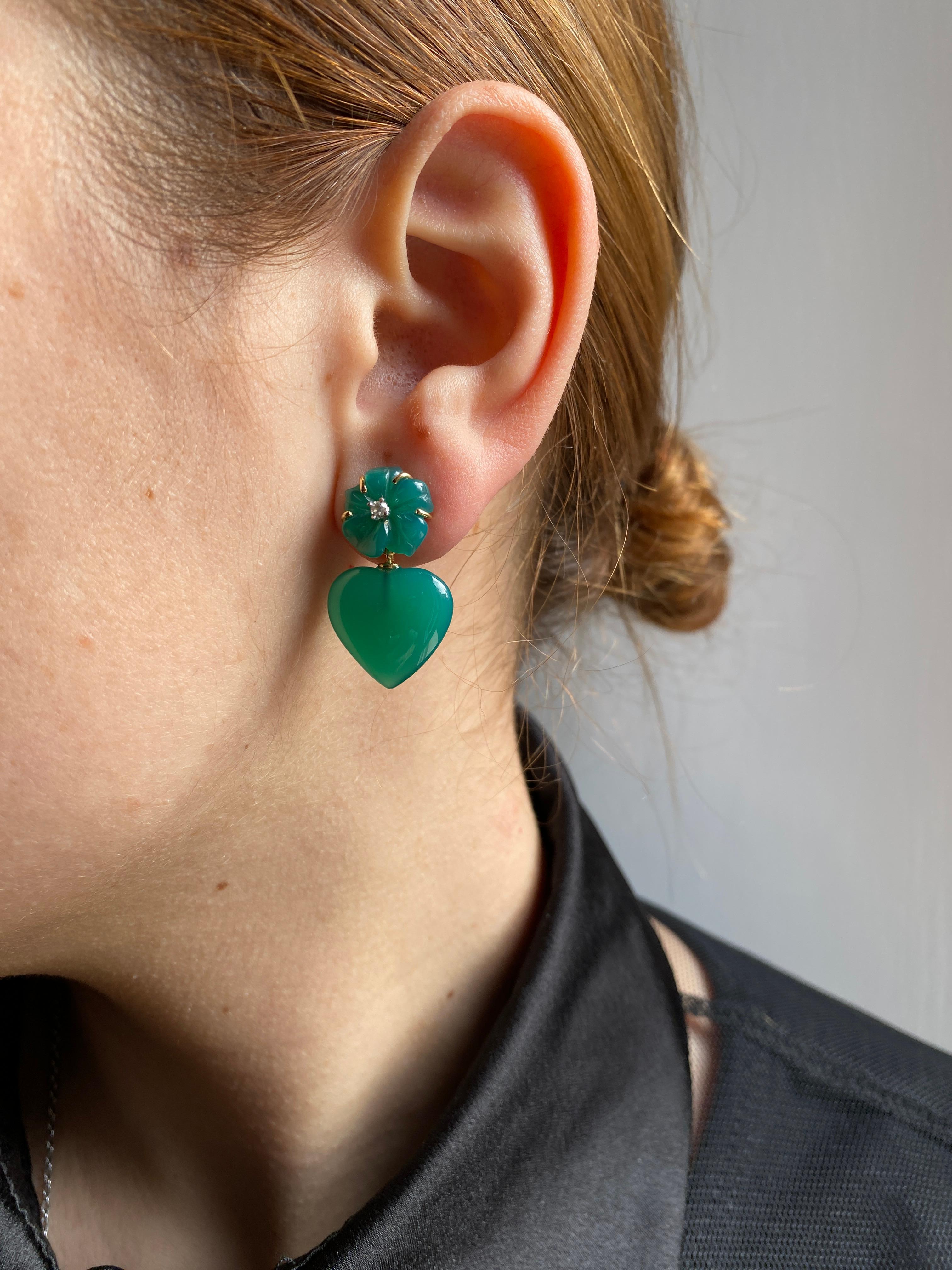 Women's Rossella Ugolini Love Green Agate Diamonds 18k Gold Happy Flower Dangle Earrings For Sale