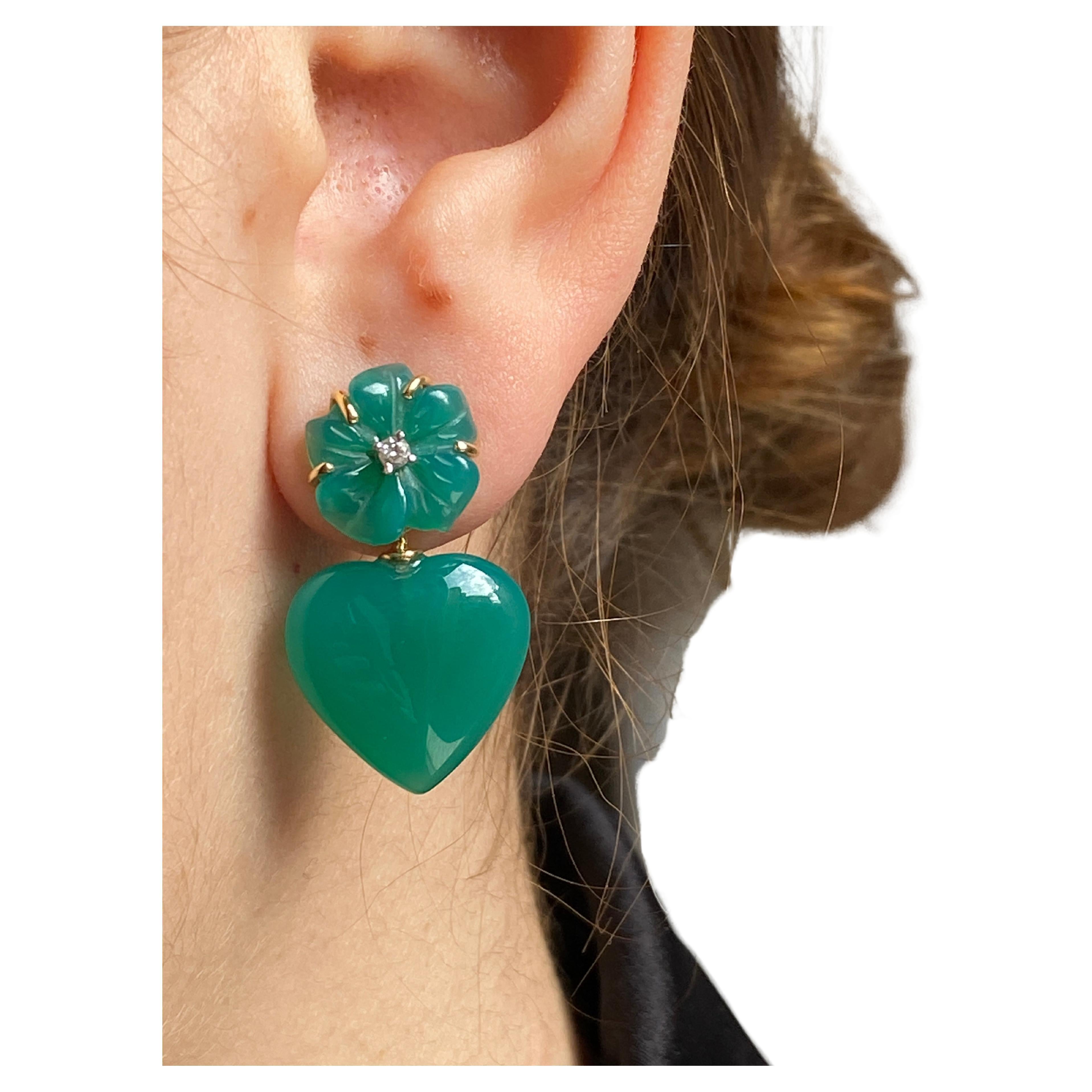 Rossella Ugolini Love Green Agate Diamonds 18k Gold Happy Flower Dangle Earrings For Sale 2