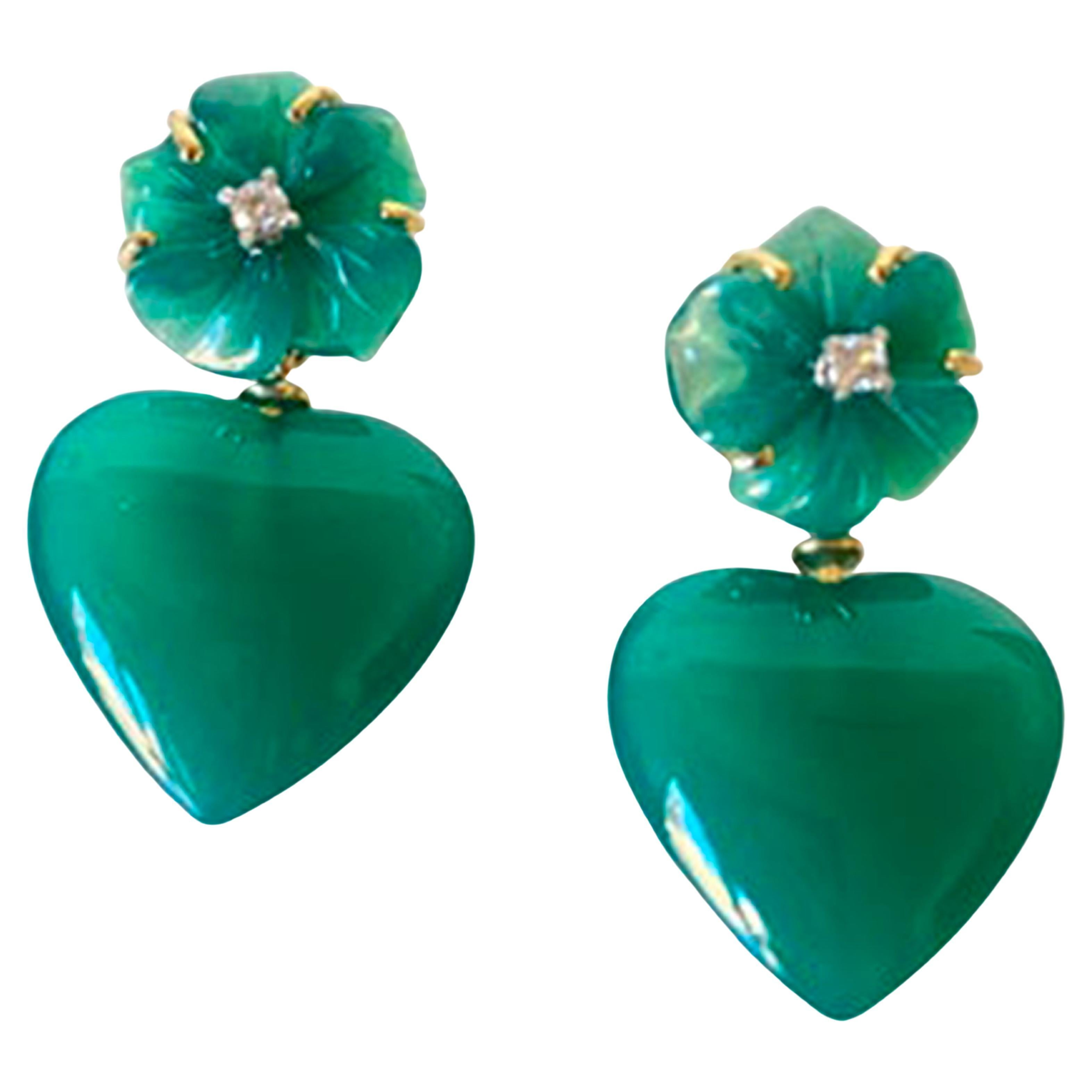 Rossella Ugolini Love Green Agate Diamonds 18k Gold Happy Flower Dangle Earrings