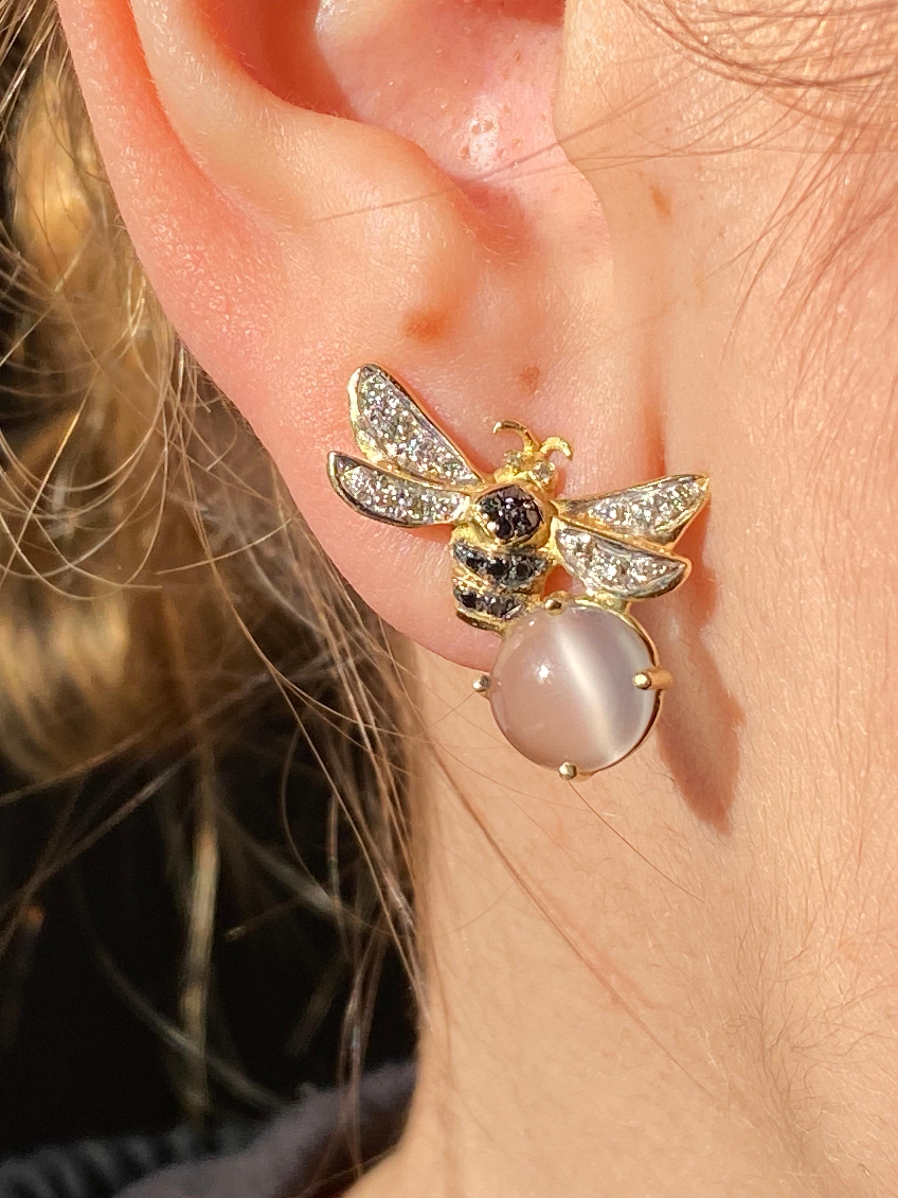 Rossella Ugolini Moonstone 18K Yellow Gold Diamonds Bee Stud Earrings For Sale 4