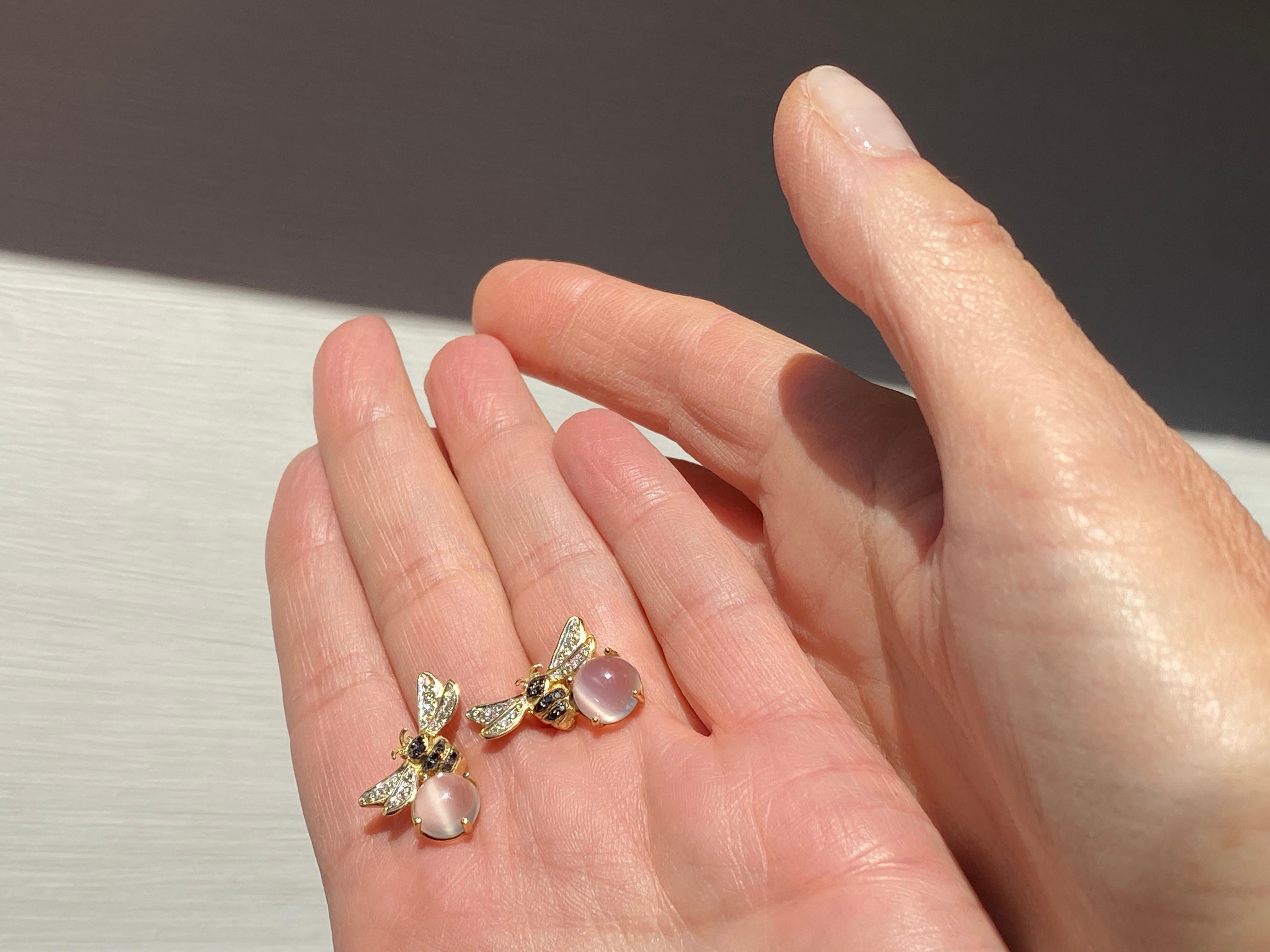 Rossella Ugolini Moonstone 18K Yellow Gold Diamonds Bee Stud Earrings For Sale 5