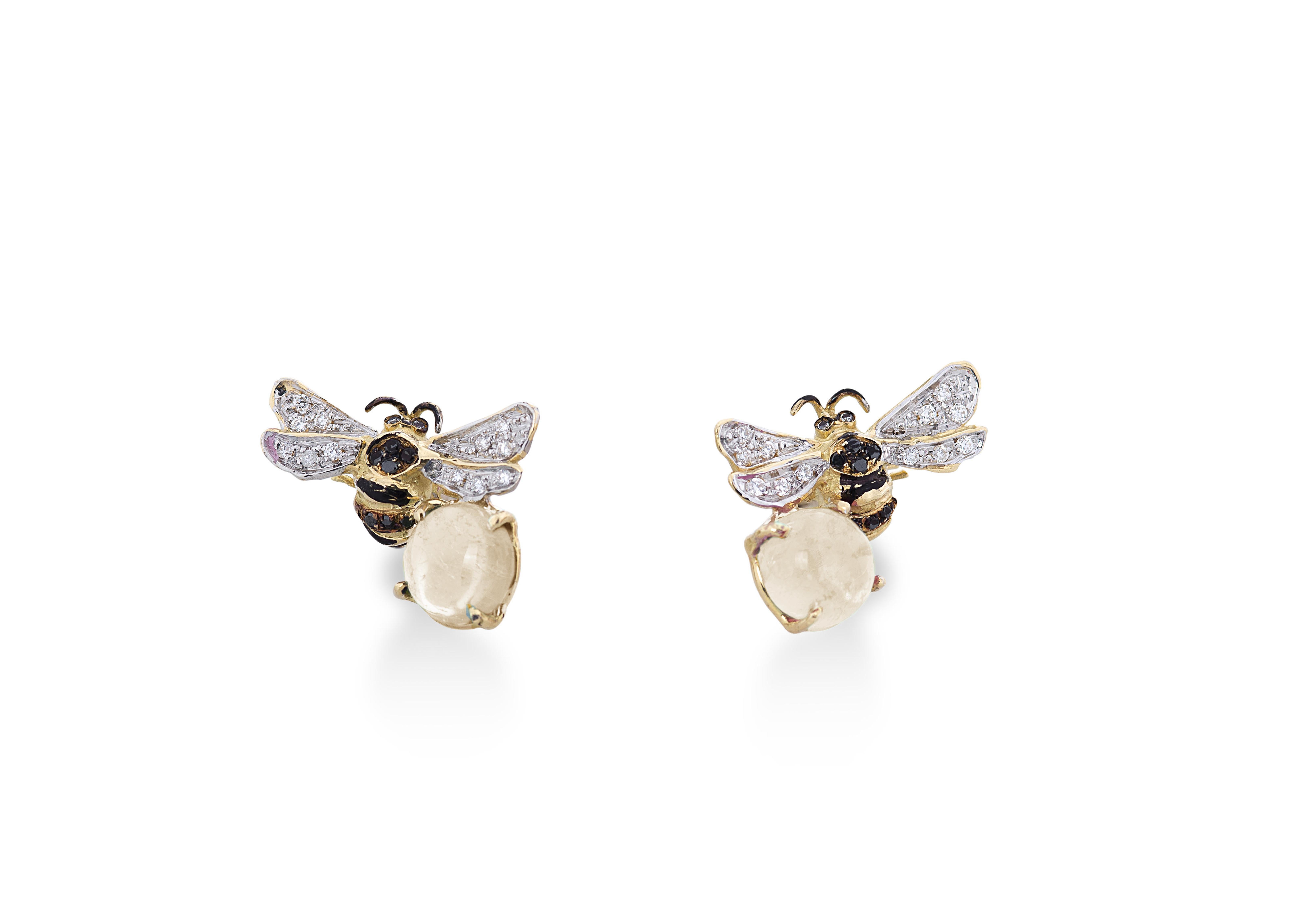 Women's or Men's Rossella Ugolini Moonstone 18K Yellow Gold Diamonds Bee Stud Earrings For Sale