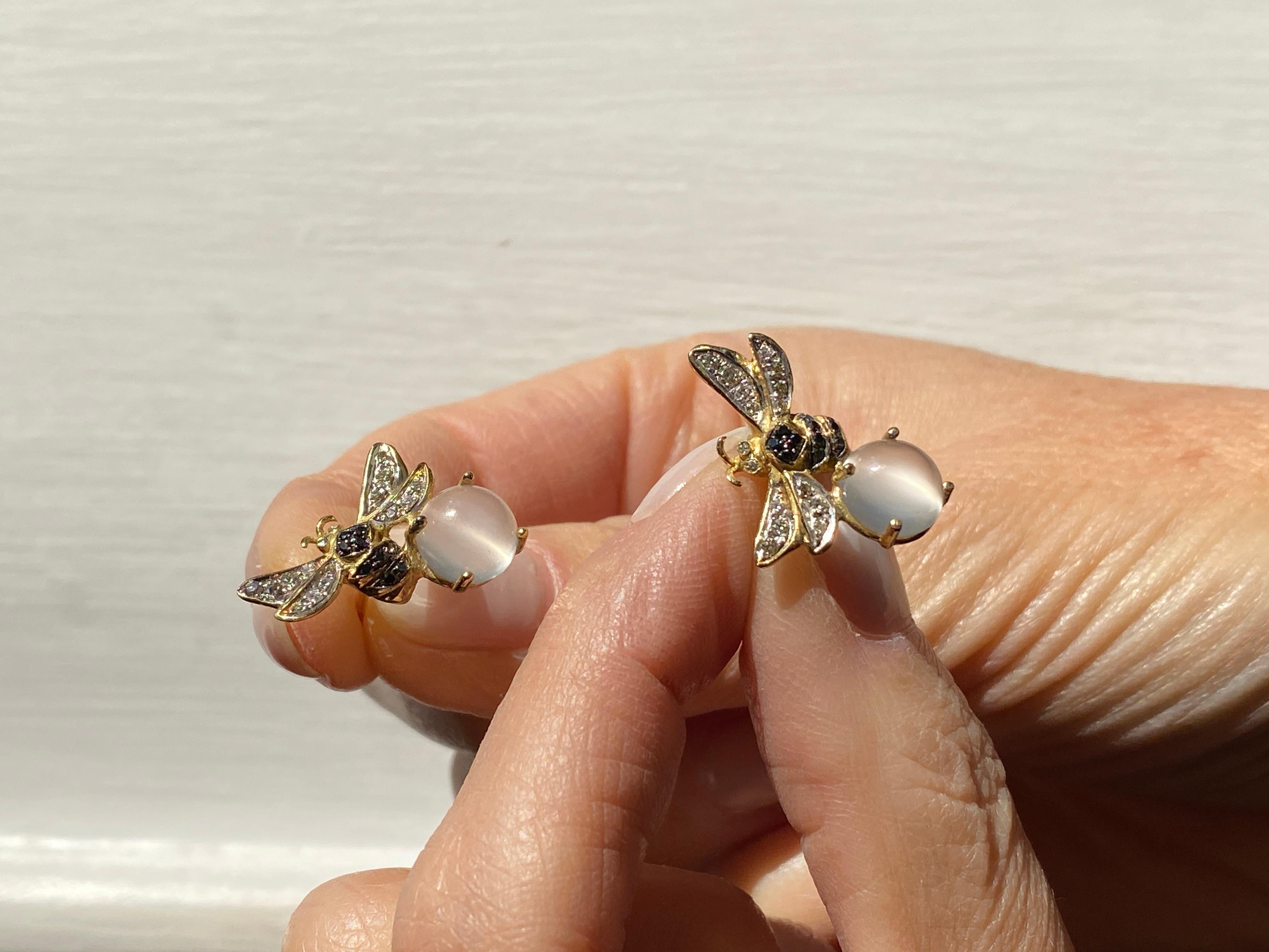 Rossella Ugolini Moonstone 18K Yellow Gold Diamonds Bee Stud Earrings For Sale 1