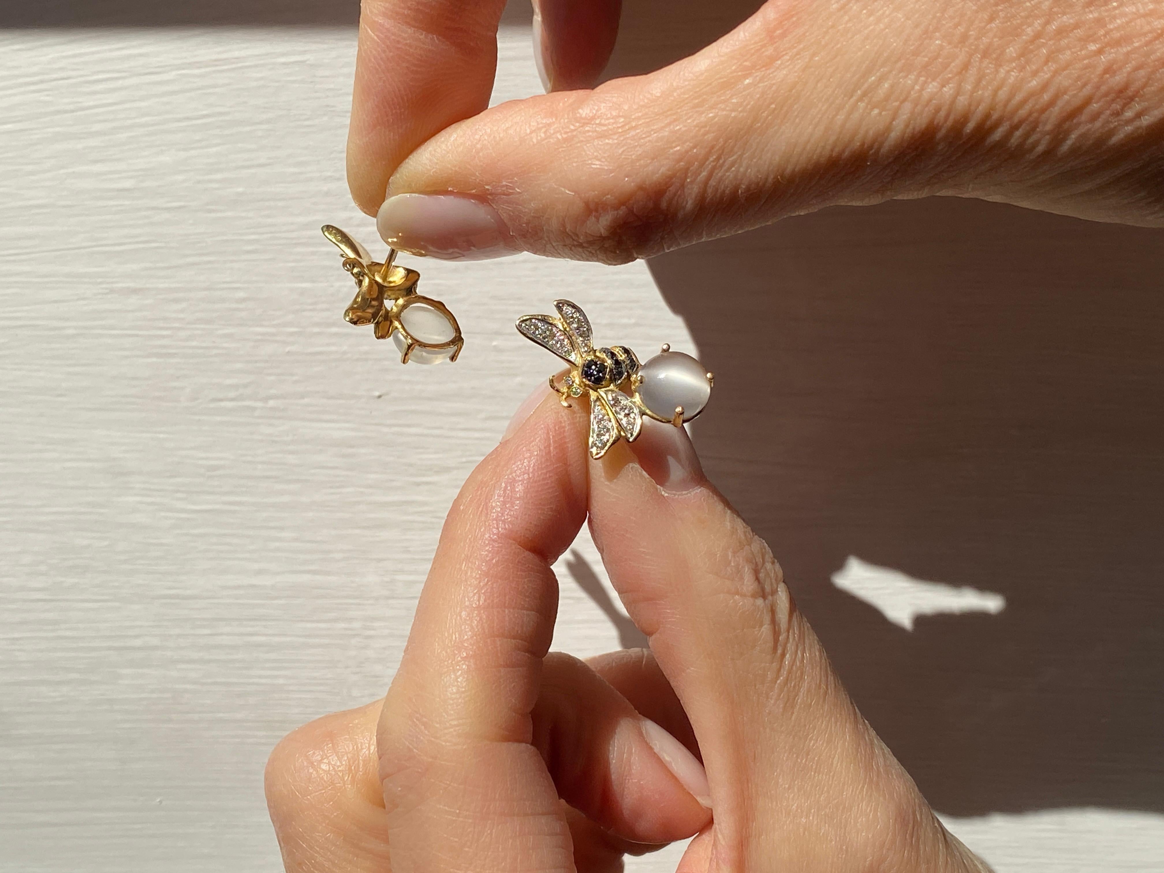 Rossella Ugolini Moonstone 18K Yellow Gold Diamonds Bee Stud Earrings For Sale 2