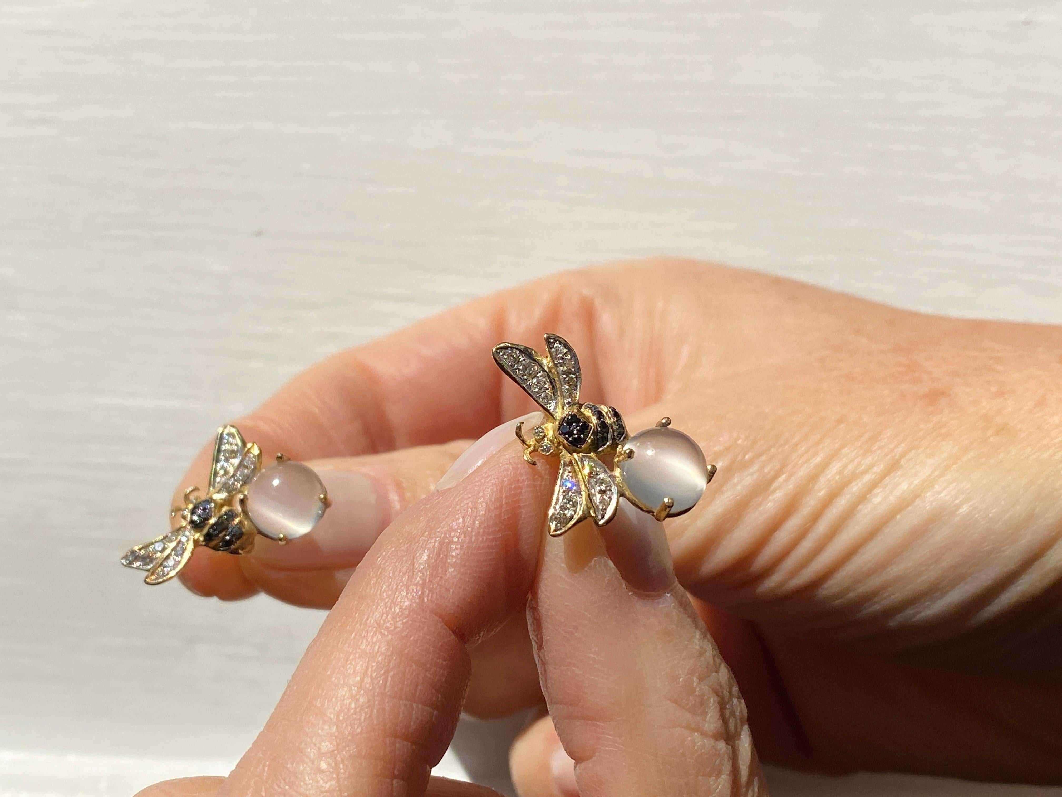 Rossella Ugolini Moonstone 18K Yellow Gold Diamonds Bee Stud Earrings For Sale 3