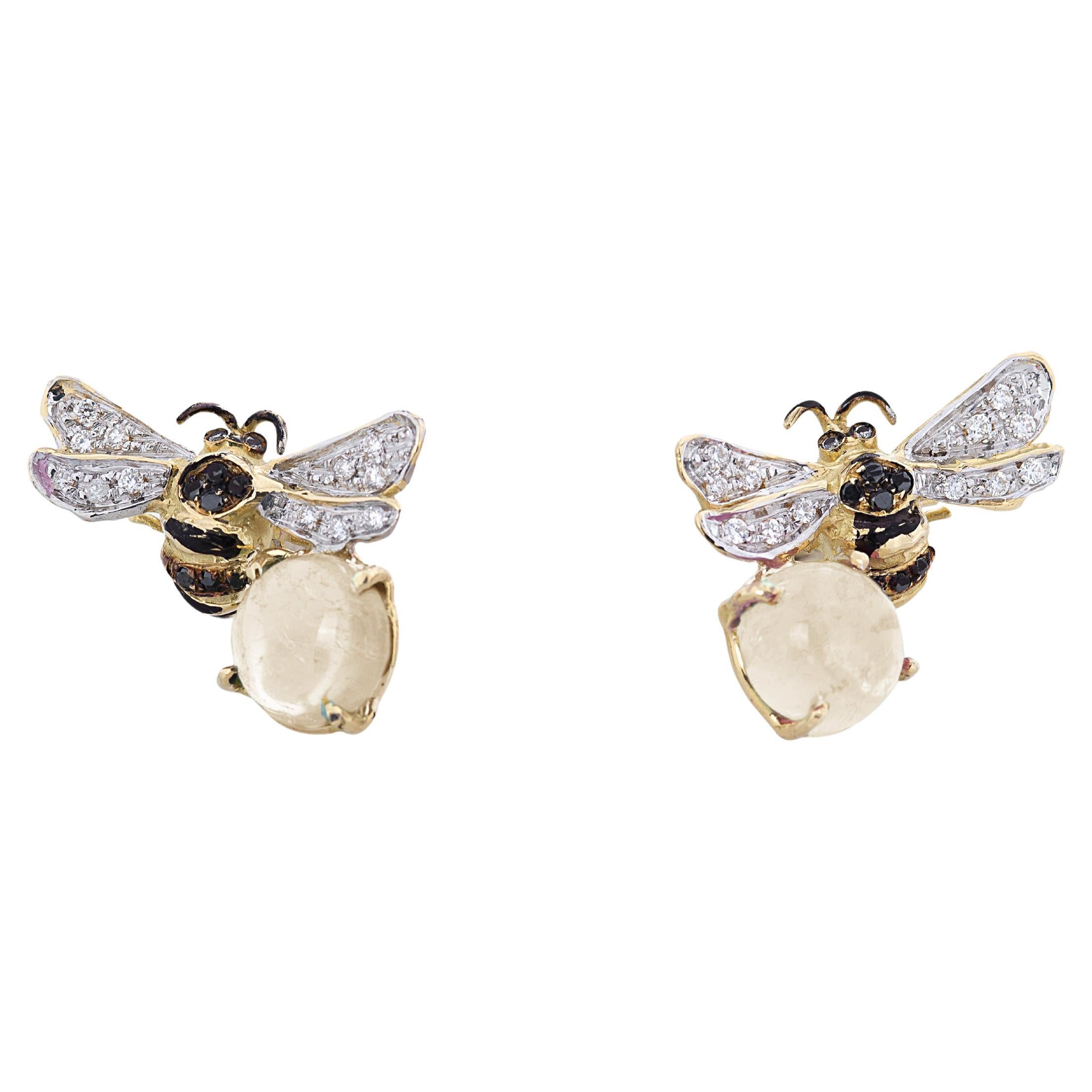 Rossella Ugolini Moonstone 18K Yellow Gold Diamonds Bee Stud Earrings For Sale