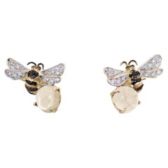 Rossella Ugolini Moonstone 18K Yellow Gold Diamonds Bee Stud Earrings