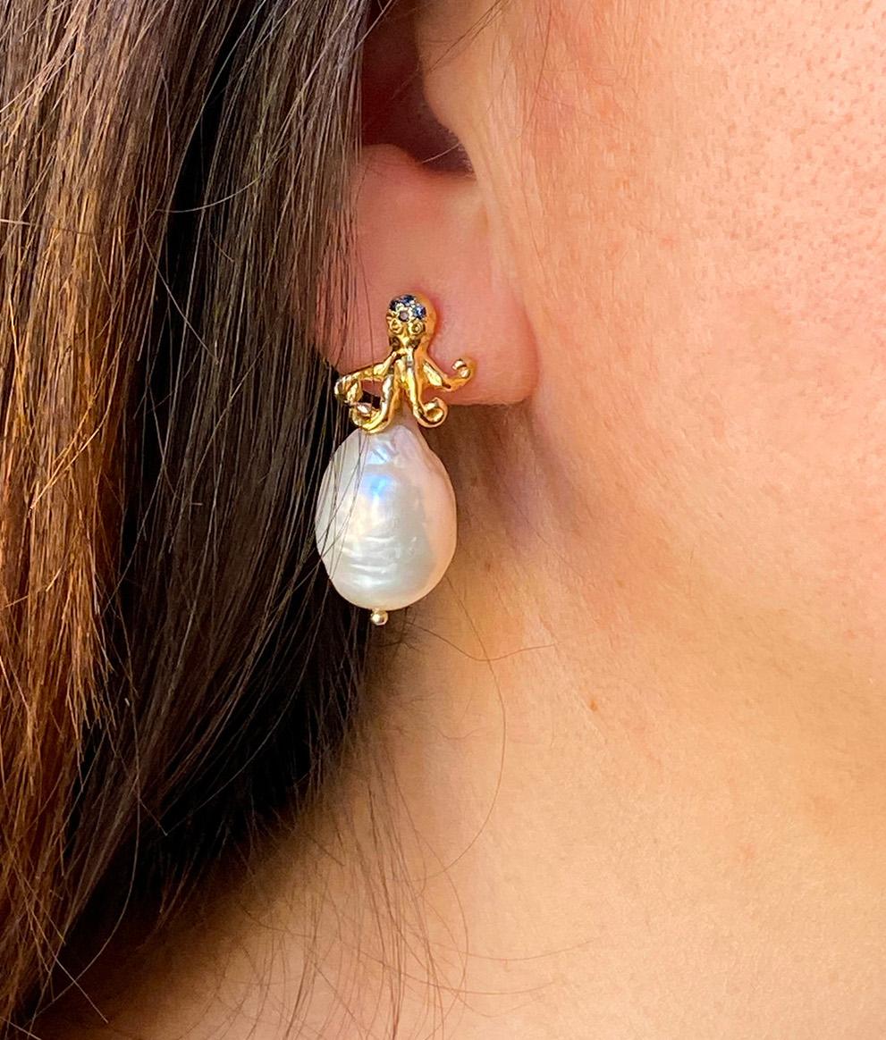 Modern Rossella Ugolini Ocean-Inspired 18K Gold Octopus Sapphires Baroque Earrings  For Sale